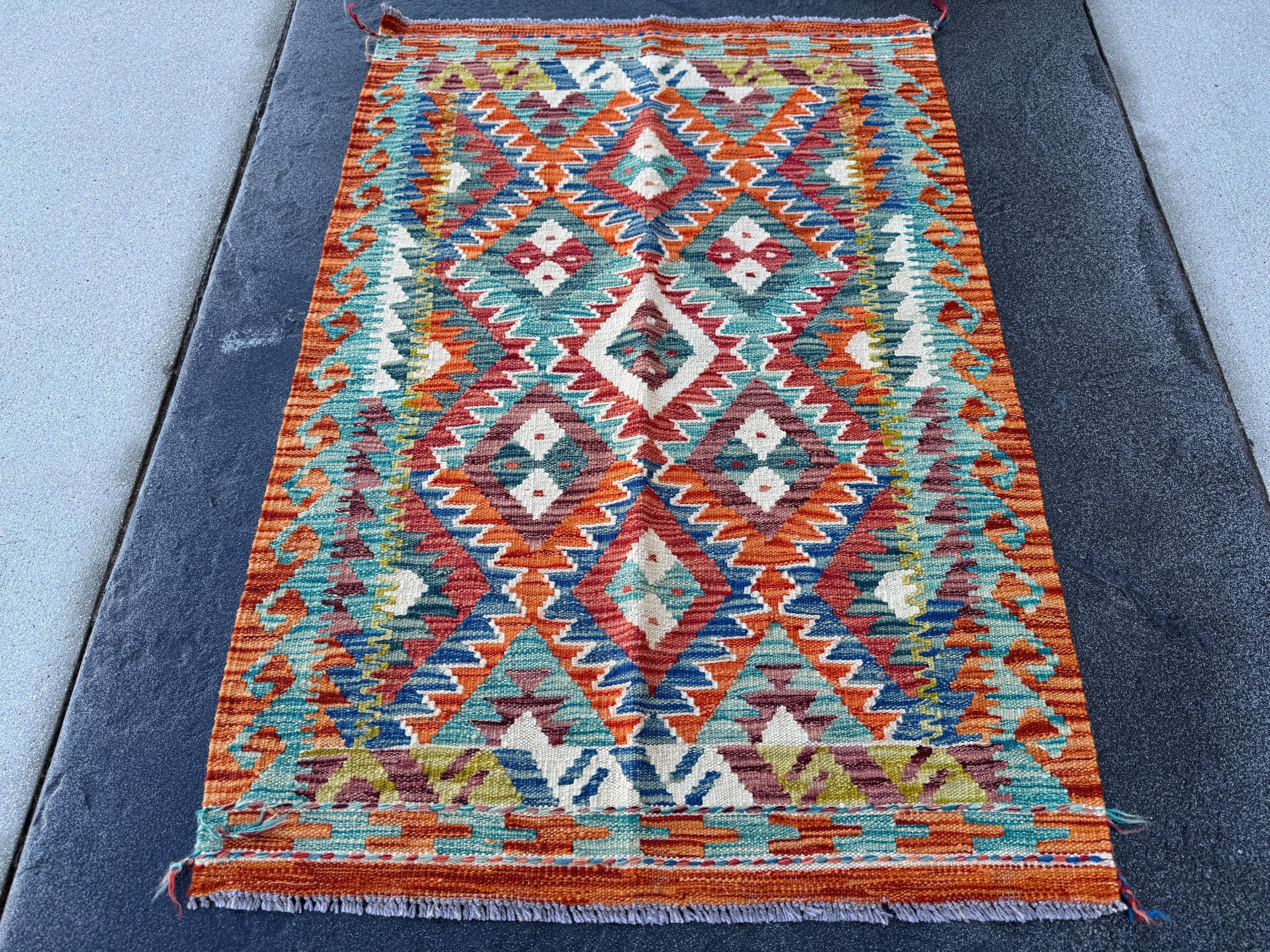 3x4 Handmade Afghan Kilim Runner Rug | Orange Denim Royal Aqua Blue Teal Olive Moss Green Cream White Purple Maroon Ivory | Wool Flatweave