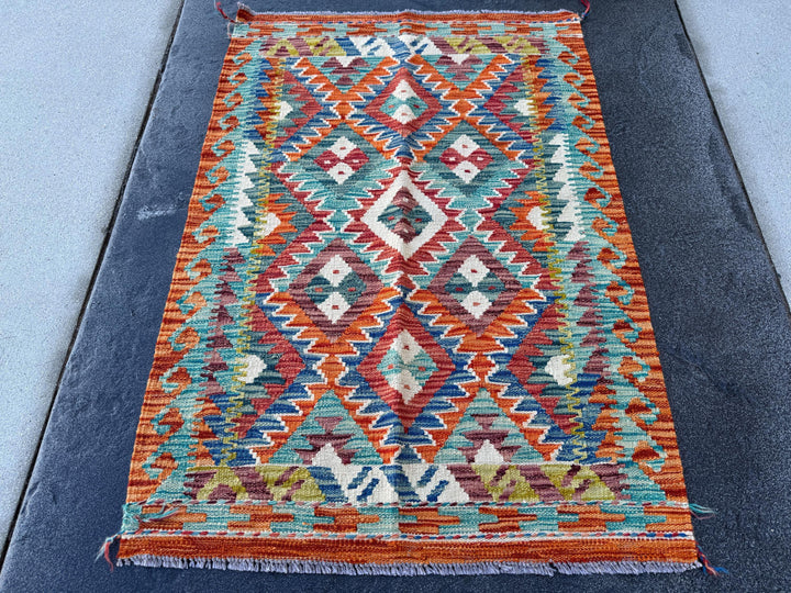 3x4 Handmade Afghan Kilim Runner Rug | Orange Denim Royal Aqua Blue Teal Olive Moss Green Cream White Purple Maroon Ivory | Wool Flatweave