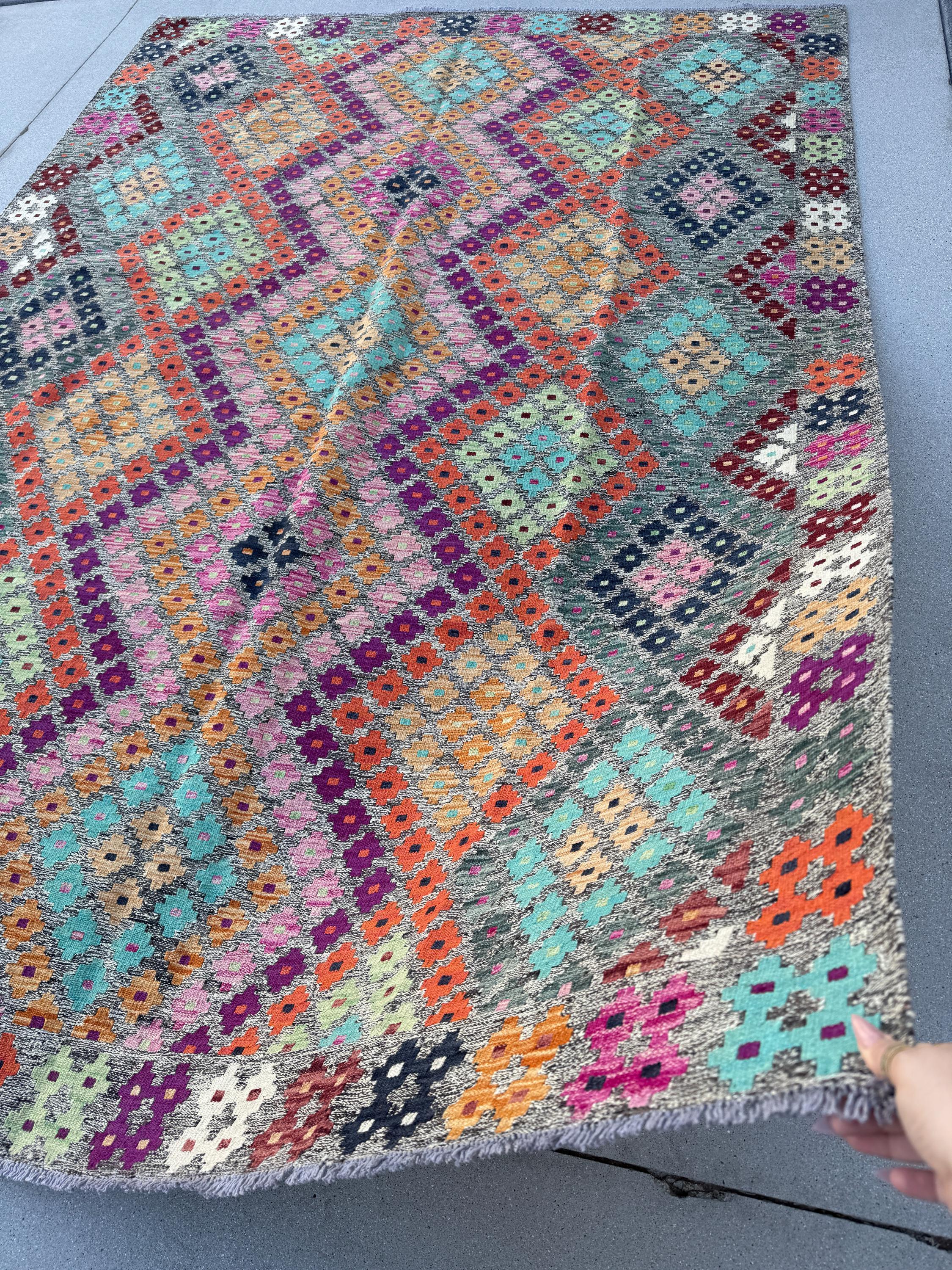 7x10 Handmade Afghan Kilim Rug | Grey Aqua Navy Midnight Blue Black Burgundy Red Fuchsia Baby Blush Pink White Saffron Peach Orange Mint