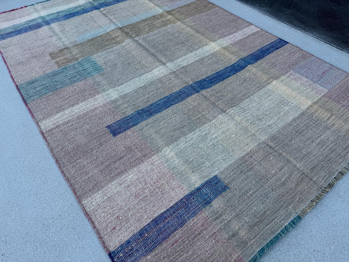 5x8 (152x243) Handmade Afghan Kilim Rug | Beige Tan Sand Brown Denim Royal Teal Powder Blue Pink Fuchsia Yellow Cream Taupe | Wool Flatweave