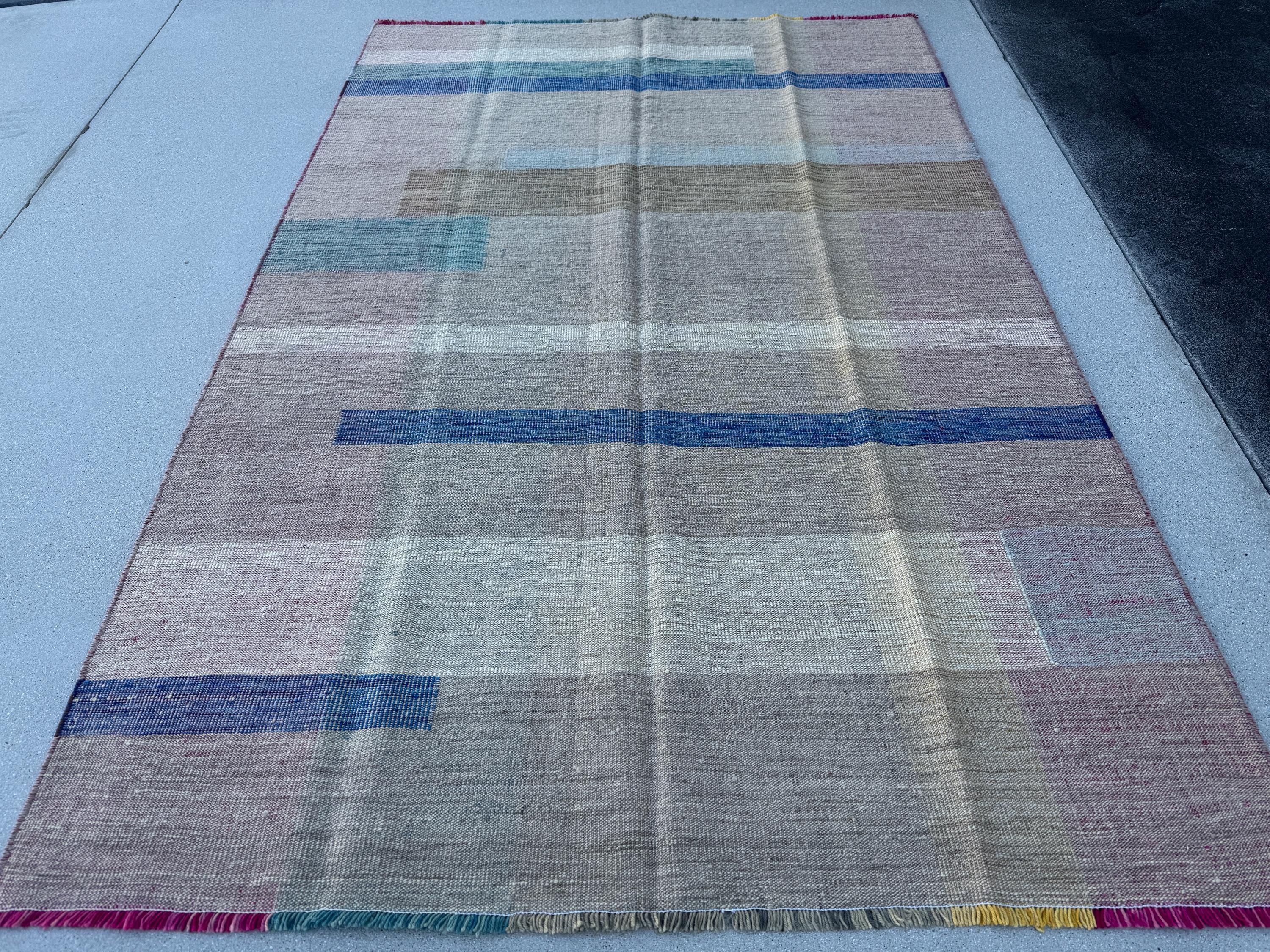 5x8 (152x243) Handmade Afghan Kilim Rug | Beige Tan Sand Brown Denim Royal Teal Powder Blue Pink Fuchsia Yellow Cream Taupe | Wool Flatweave