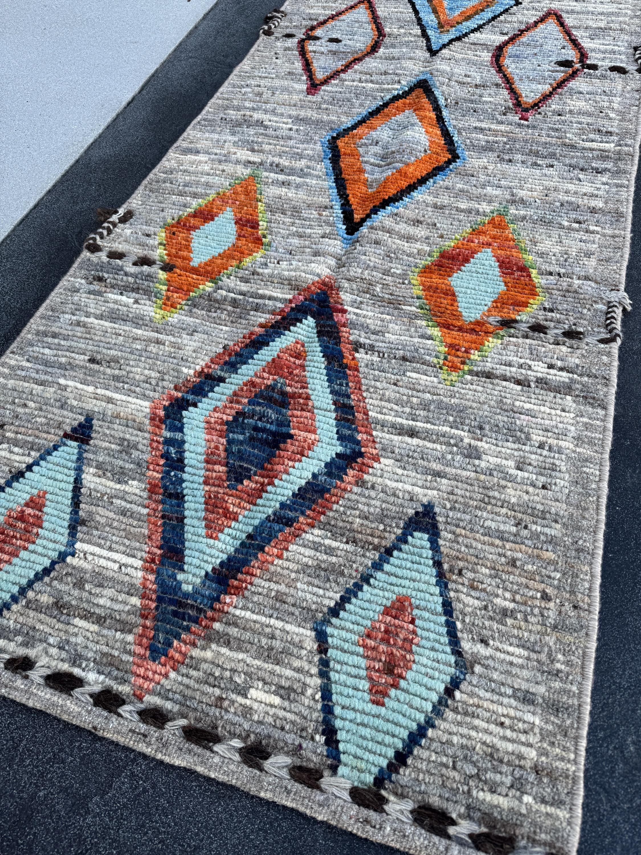 3x9 (91x274) Handmade Afghan Moroccan Runner Rug | Grey Gray Cream Orange Baby Navy Powder Blue Black Brown | Wool Geometric