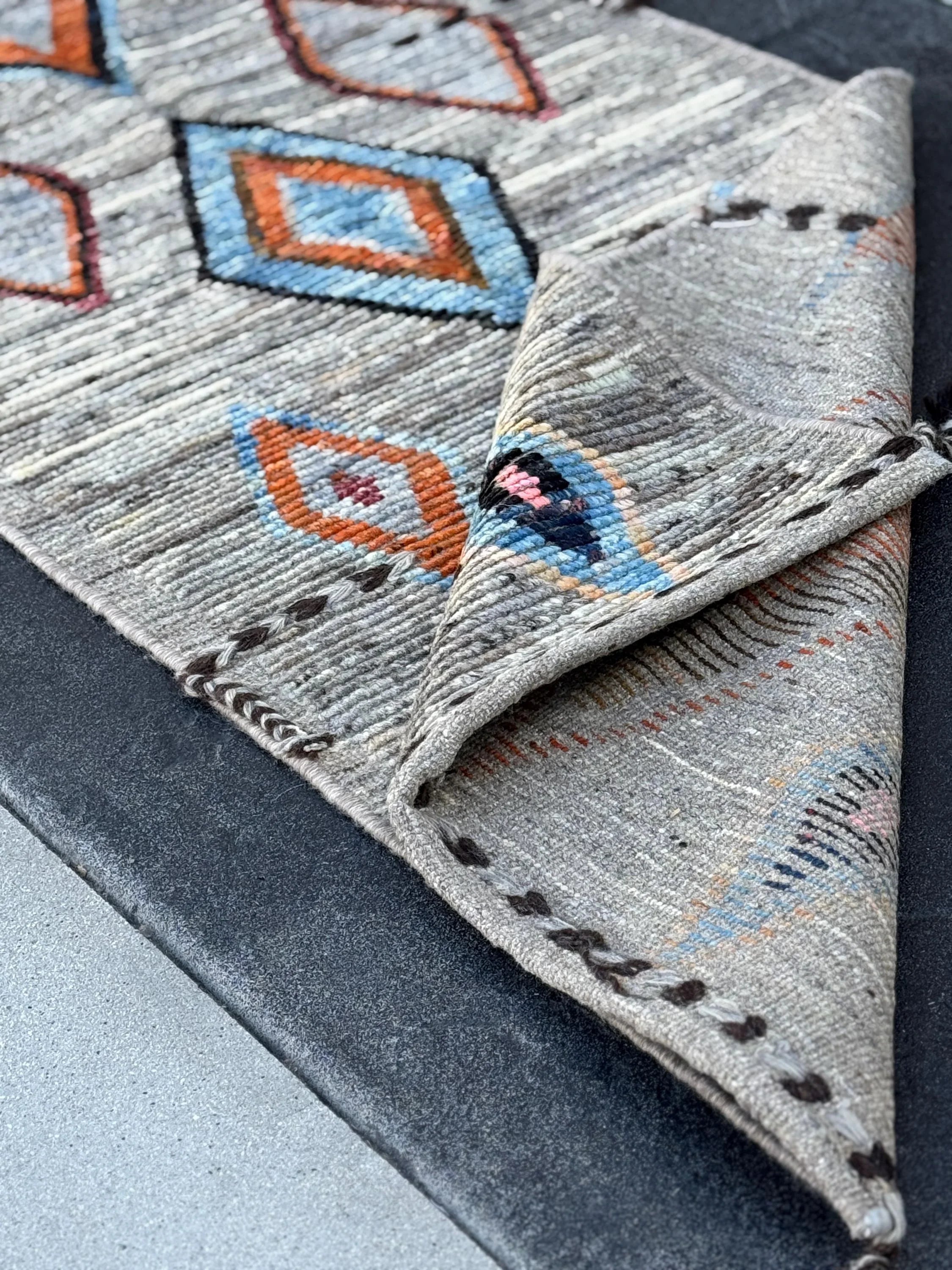 3x9 (91x274) Handmade Afghan Moroccan Runner Rug | Grey Gray Cream Orange Baby Navy Powder Blue Black Brown | Wool Geometric