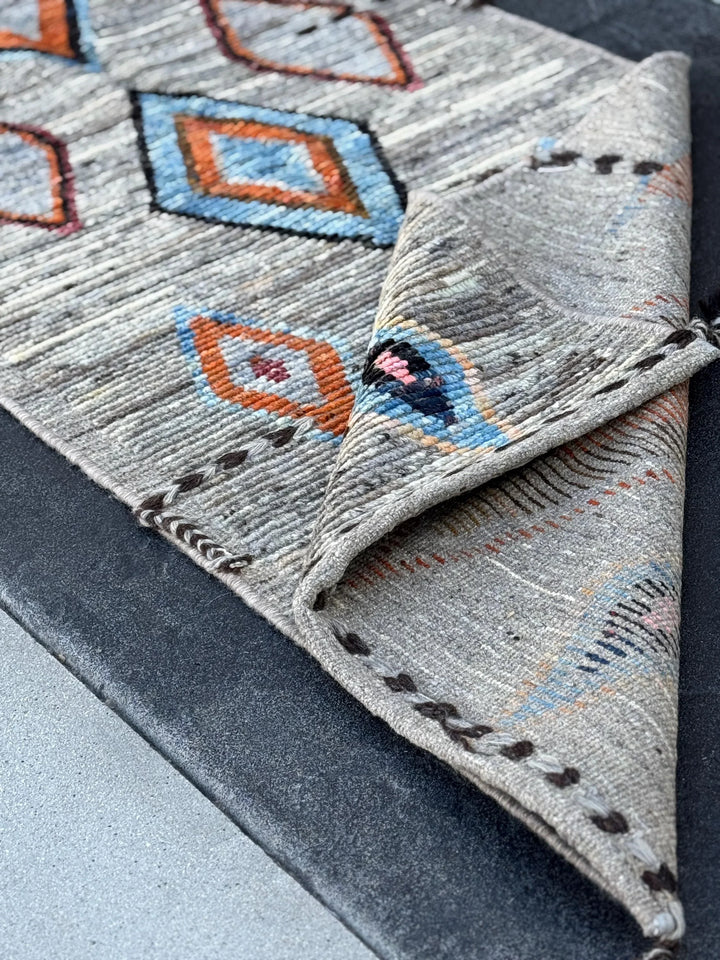 3x9 (91x274) Handmade Afghan Moroccan Runner Rug | Grey Gray Cream Orange Baby Navy Powder Blue Black Brown | Wool Geometric