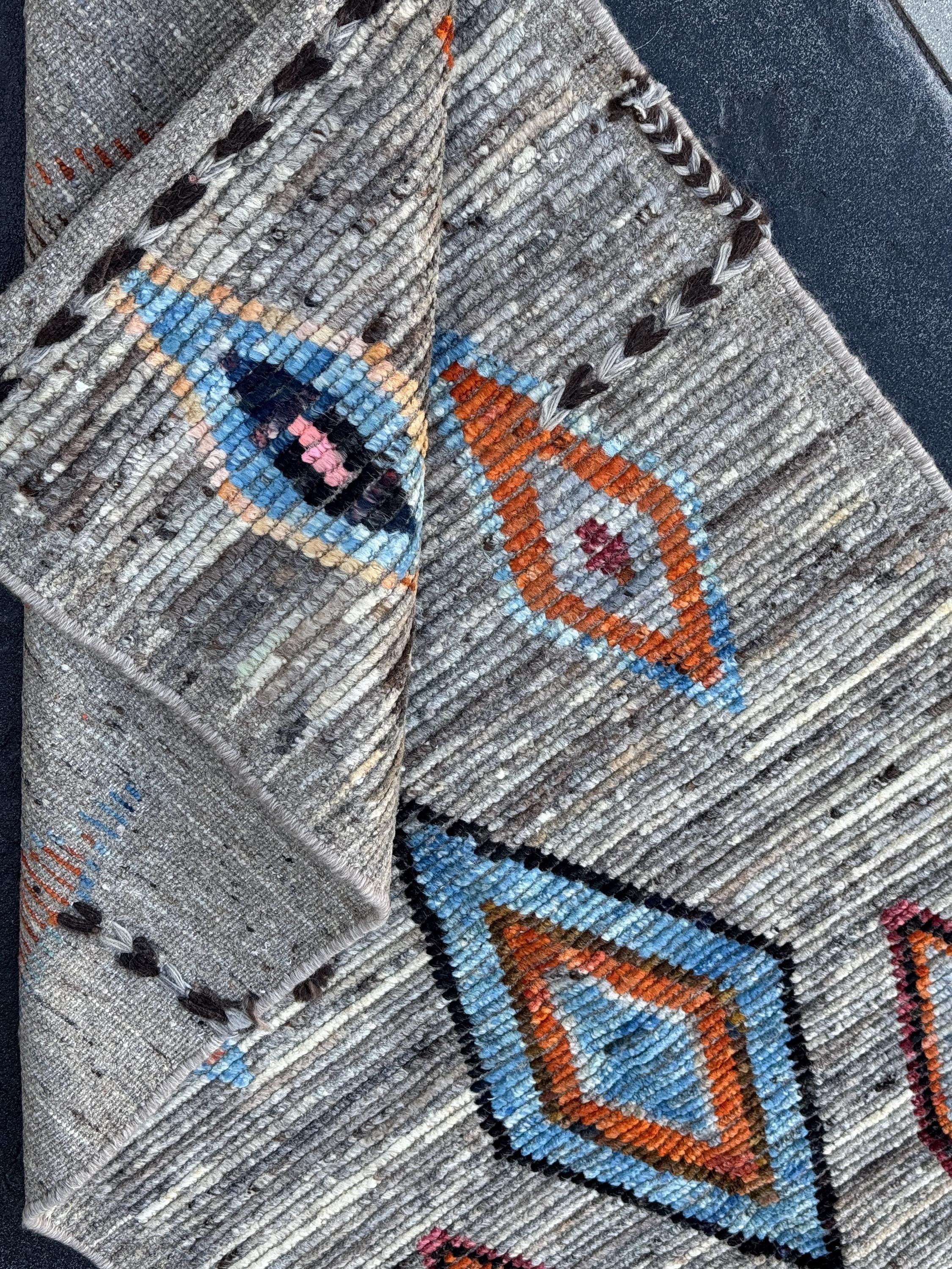 3x9 (91x274) Handmade Afghan Moroccan Runner Rug | Grey Gray Cream Orange Baby Navy Powder Blue Black Brown | Wool Geometric
