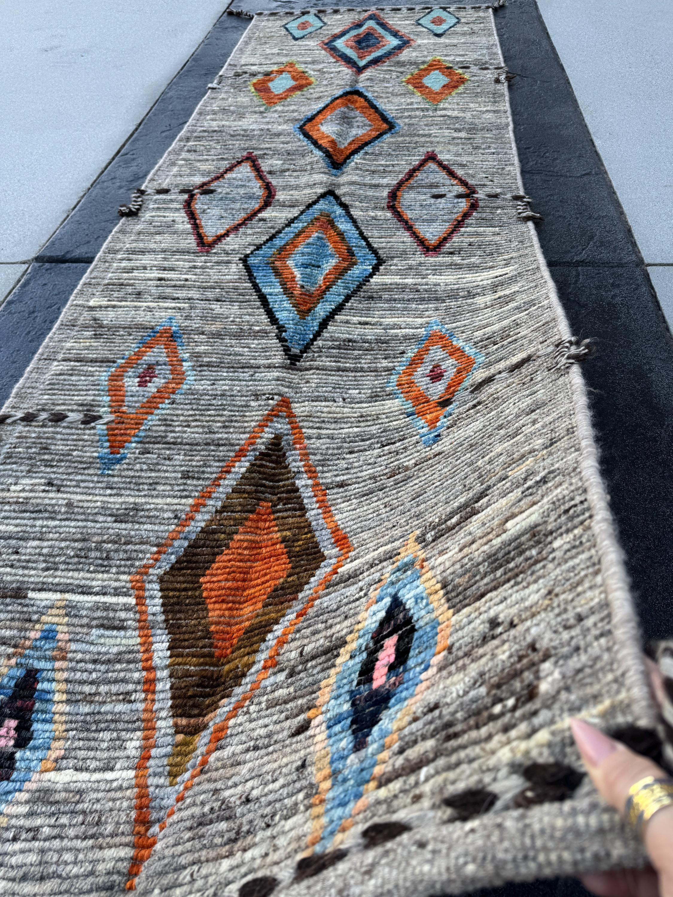 3x9 (91x274) Handmade Afghan Moroccan Runner Rug | Grey Gray Cream Orange Baby Navy Powder Blue Black Brown | Wool Geometric