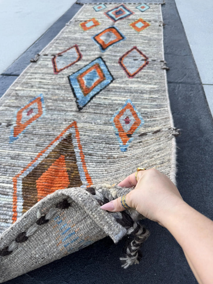 3x9 (91x274) Handmade Afghan Moroccan Runner Rug | Grey Gray Cream Orange Baby Navy Powder Blue Black Brown | Wool Geometric