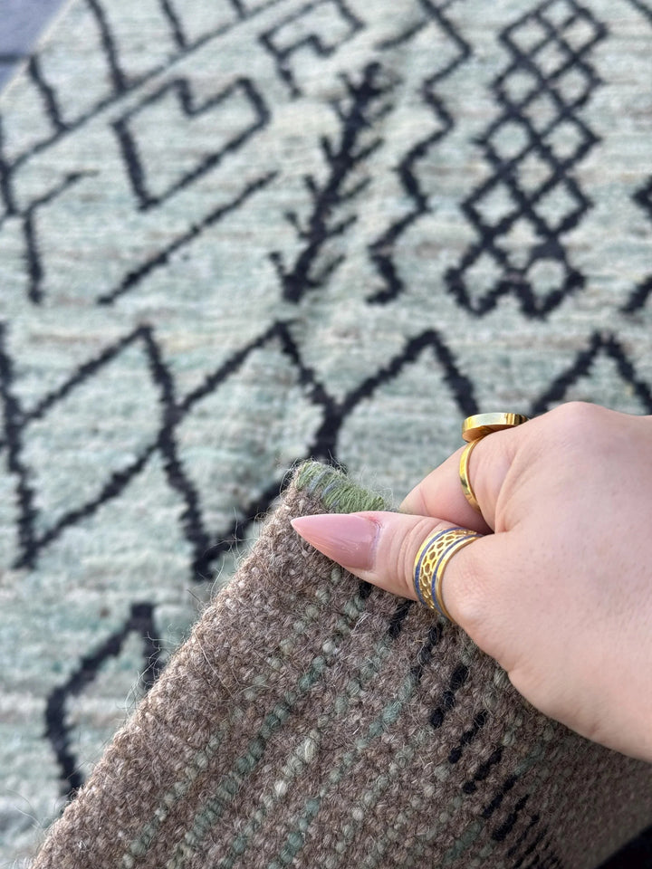 3x13 (91x396) Handmade Afghan Moroccan Rug Runner | Grey Gray Black Cream Sage Green | Wool Plush Shag Handknotted Geometric Contemporary