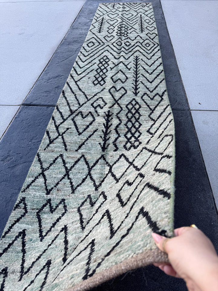 3x13 (91x396) Handmade Afghan Moroccan Rug Runner | Grey Gray Black Cream Sage Green | Wool Plush Shag Handknotted Geometric Contemporary
