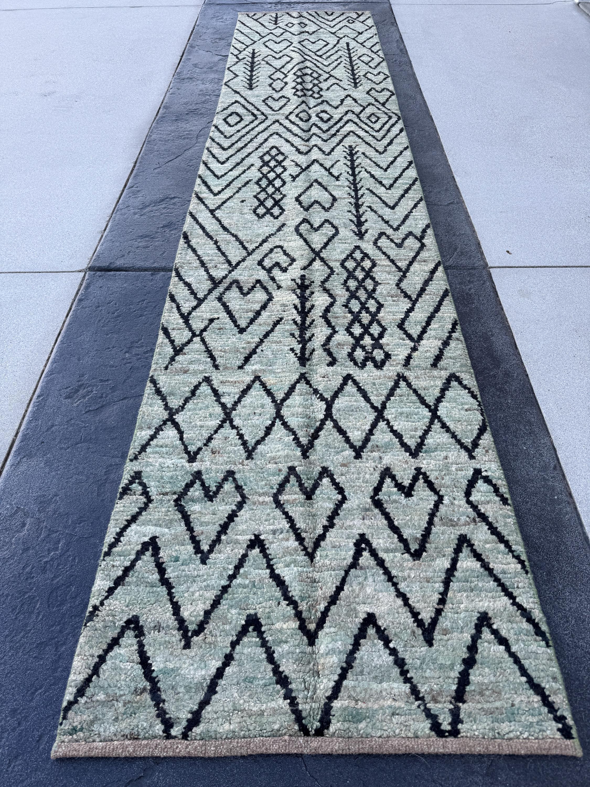3x13 (91x396) Handmade Afghan Moroccan Rug Runner | Grey Gray Black Cream Sage Green | Wool Plush Shag Handknotted Geometric Contemporary