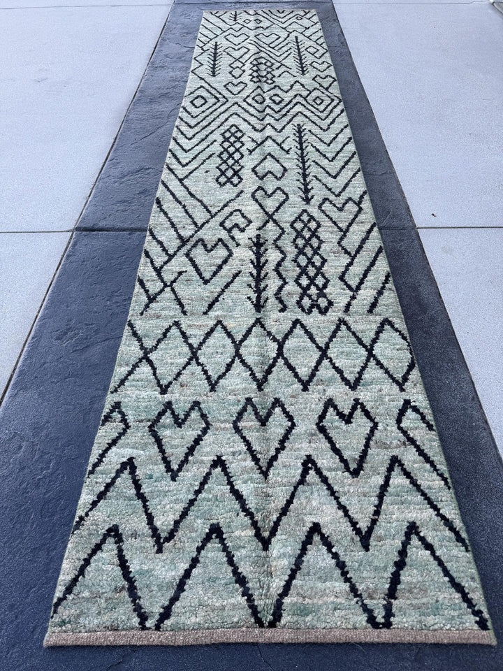 3x13 (91x396) Handmade Afghan Moroccan Rug Runner | Grey Gray Black Cream Sage Green | Wool Plush Shag Handknotted Geometric Contemporary
