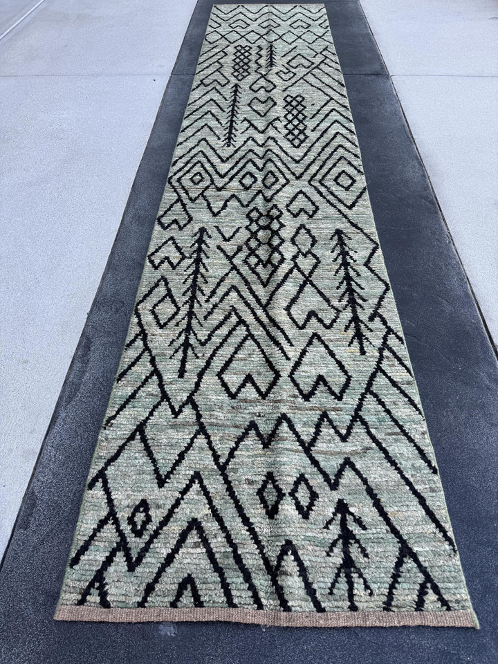 3x13 (91x396) Handmade Afghan Moroccan Rug Runner | Grey Gray Black Cream Sage Green | Wool Plush Shag Handknotted Geometric Contemporary