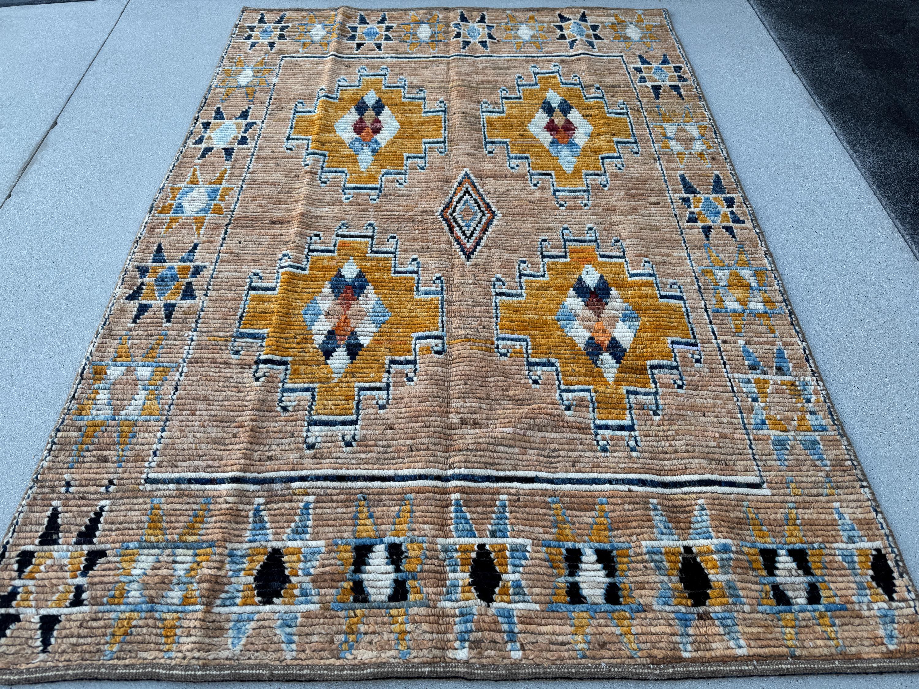 5x8 (152x243) Handmade Afghan Moroccan Rug | Peach Saffron Burnt Orange Denim Midnight Navy Powder Blue White Beige Tan Mustard Yellow Cream