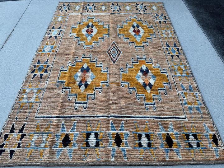 5x8 (152x243) Handmade Afghan Moroccan Rug | Peach Saffron Burnt Orange Denim Midnight Navy Powder Blue White Beige Tan Mustard Yellow Cream