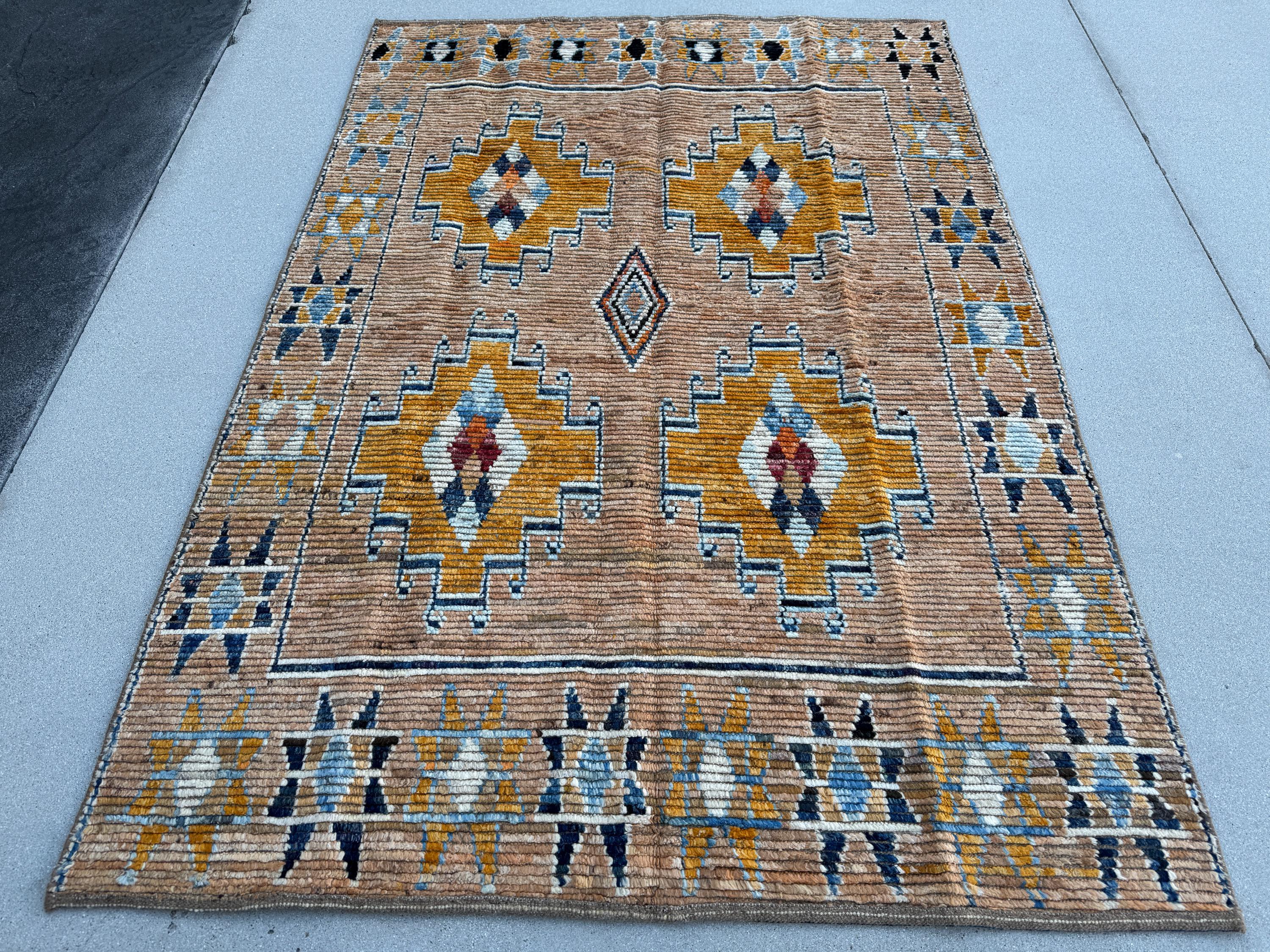 5x8 (152x243) Handmade Afghan Moroccan Rug | Peach Saffron Burnt Orange Denim Midnight Navy Powder Blue White Beige Tan Mustard Yellow Cream