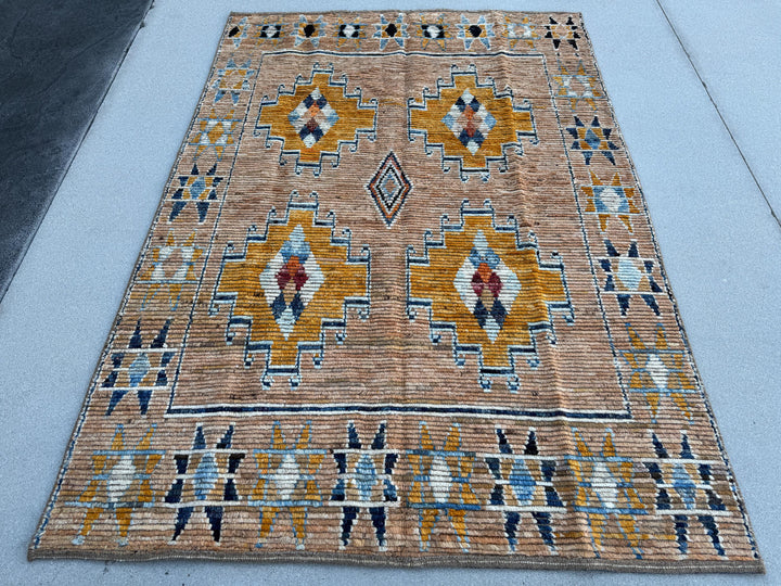5x8 (152x243) Handmade Afghan Moroccan Rug | Peach Saffron Burnt Orange Denim Midnight Navy Powder Blue White Beige Tan Mustard Yellow Cream