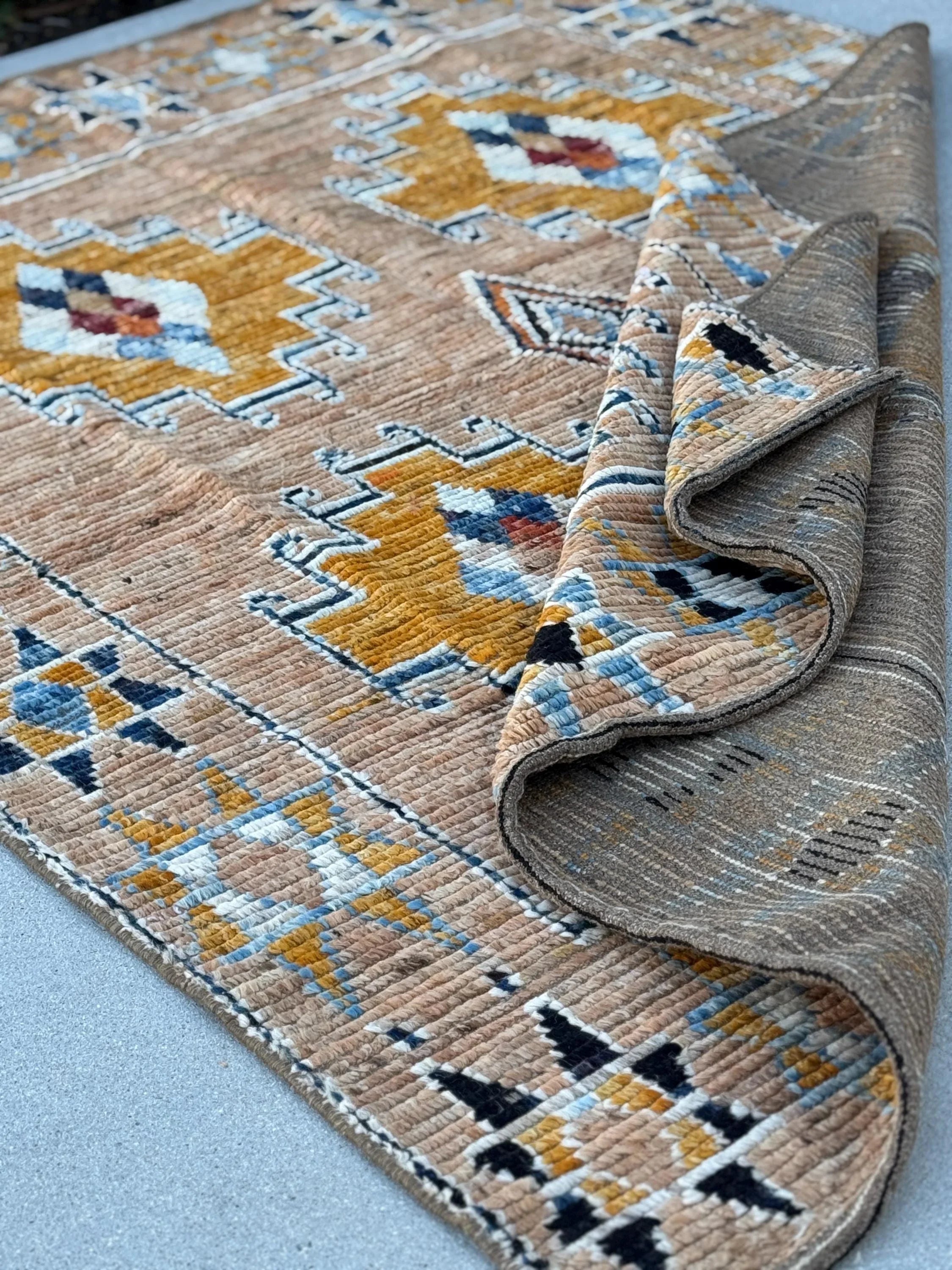 5x8 (152x243) Handmade Afghan Moroccan Rug | Peach Saffron Burnt Orange Denim Midnight Navy Powder Blue White Beige Tan Mustard Yellow Cream