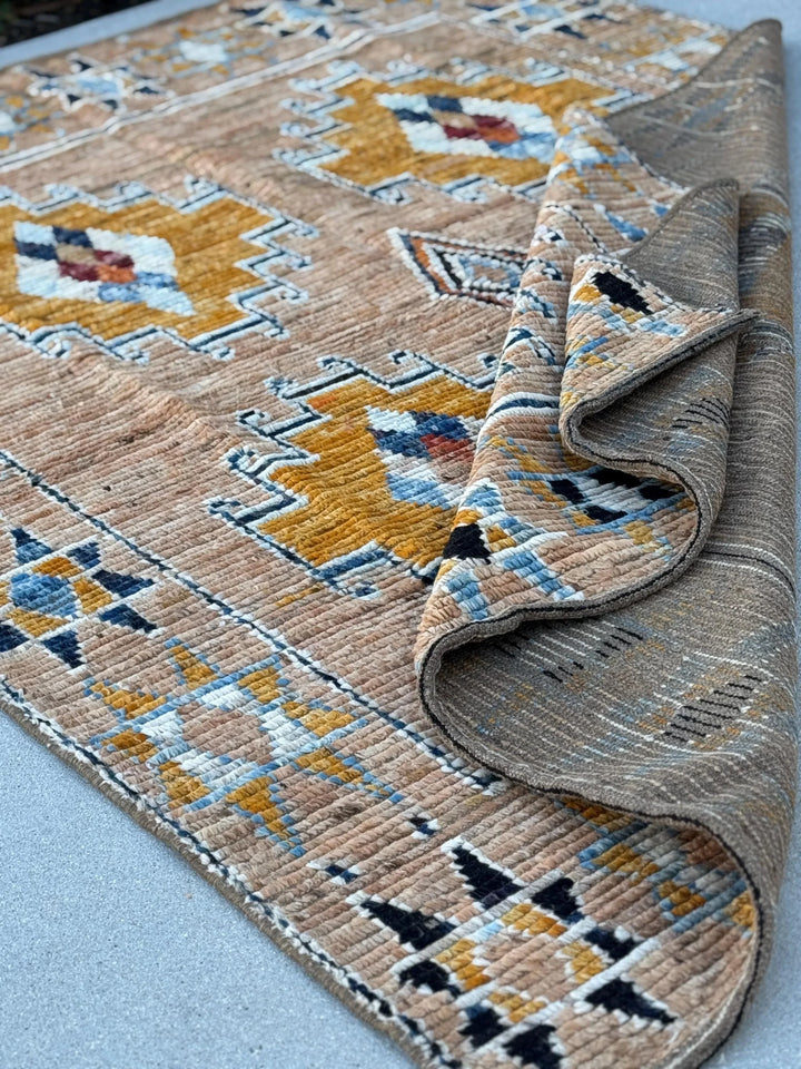 5x8 (152x243) Handmade Afghan Moroccan Rug | Peach Saffron Burnt Orange Denim Midnight Navy Powder Blue White Beige Tan Mustard Yellow Cream