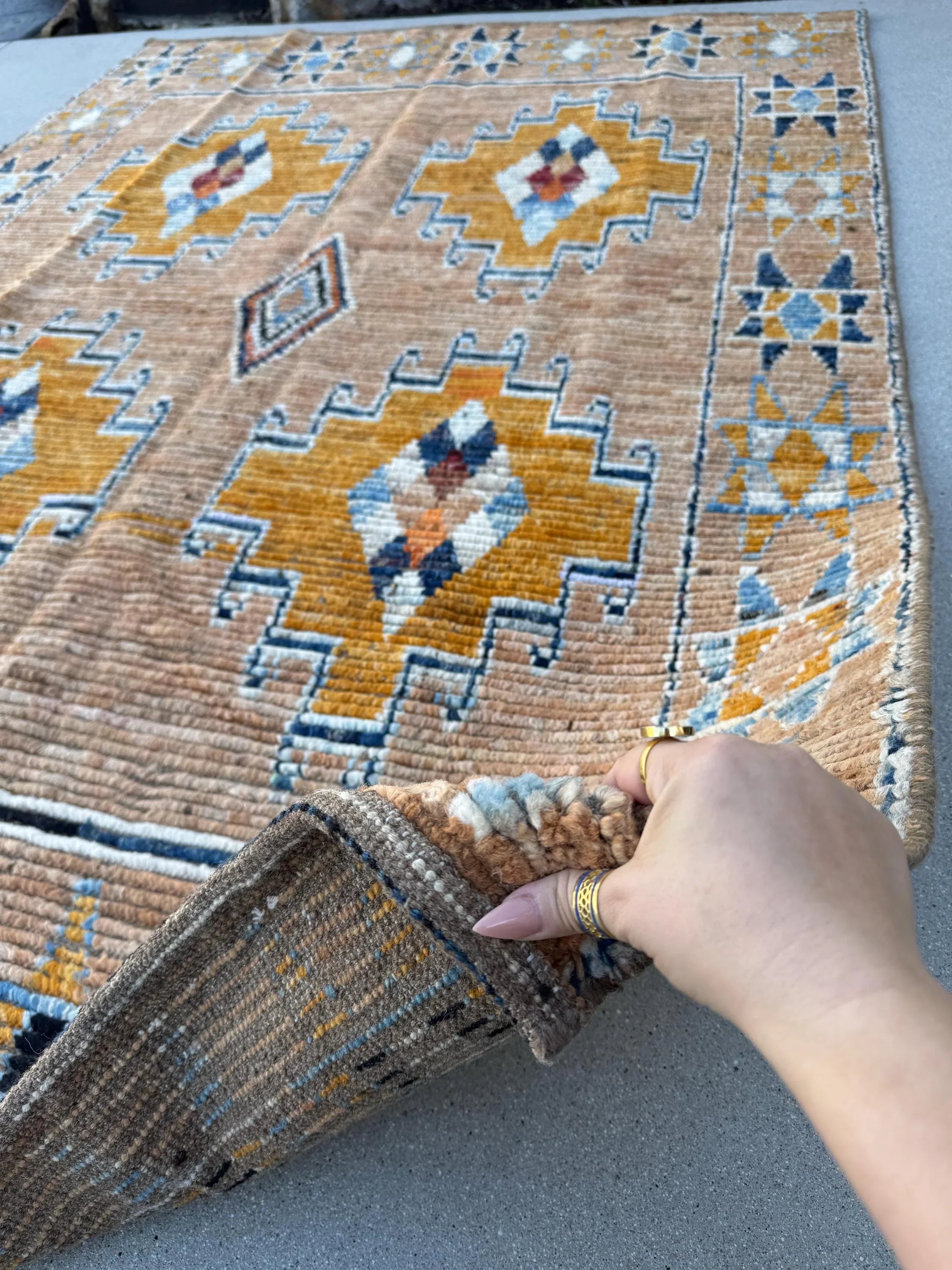 5x8 (152x243) Handmade Afghan Moroccan Rug | Peach Saffron Burnt Orange Denim Midnight Navy Powder Blue White Beige Tan Mustard Yellow Cream