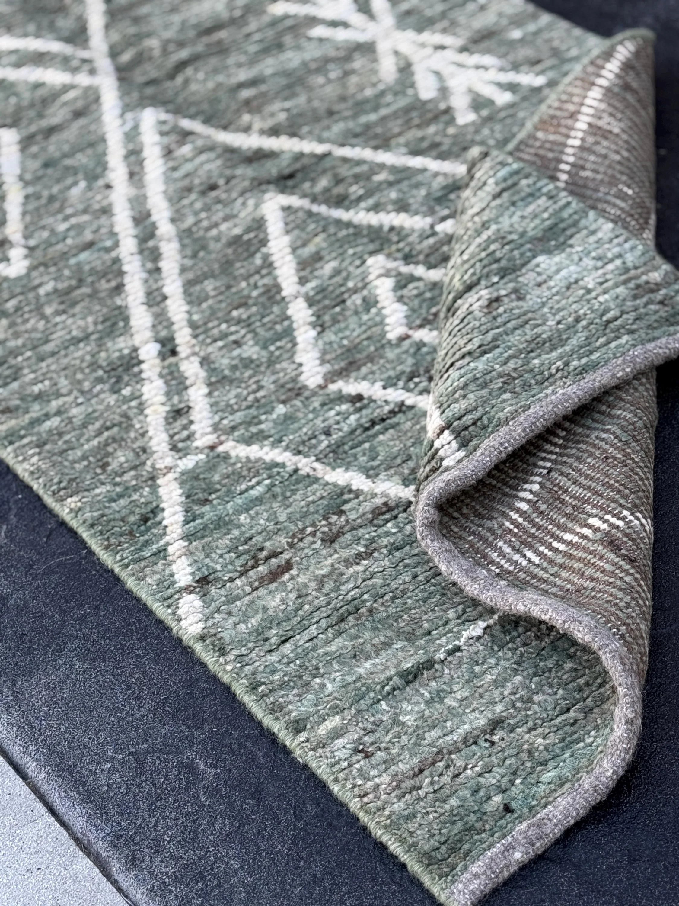 3x13 (91x396) Handmade Afghan Moroccan Rug Runner | Sage Green White Cream | Wool Minimalist Plush Shag Geometric Modern Contemporary