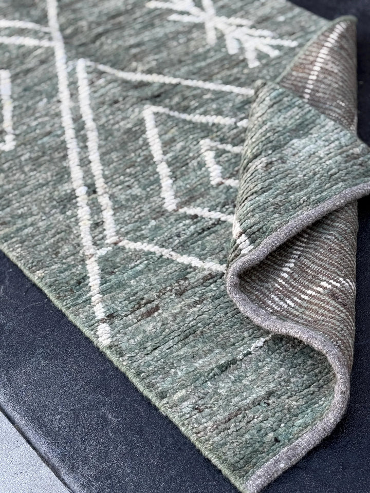 3x13 (91x396) Handmade Afghan Moroccan Rug Runner | Sage Green White Cream | Wool Minimalist Plush Shag Geometric Modern Contemporary