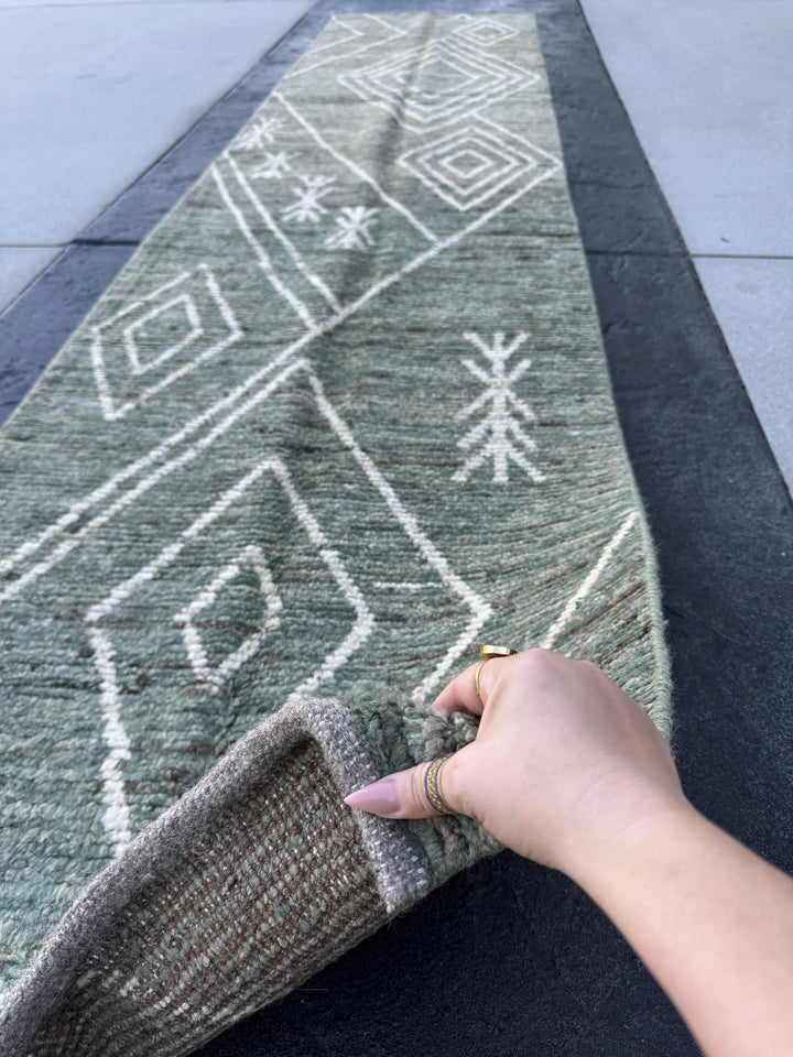 3x13 (91x396) Handmade Afghan Moroccan Rug Runner | Sage Green White Cream | Wool Minimalist Plush Shag Geometric Modern Contemporary