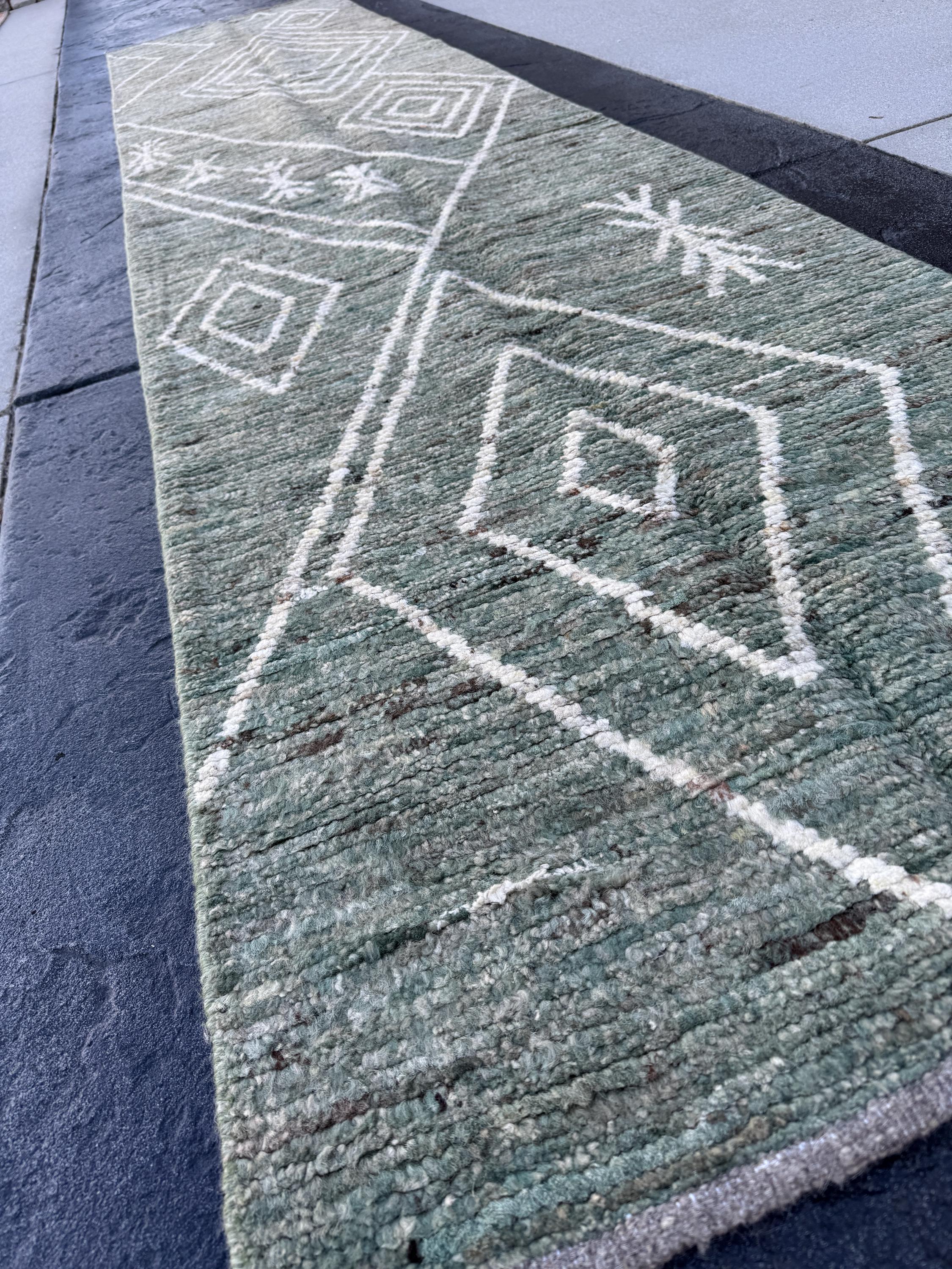 3x13 (91x396) Handmade Afghan Moroccan Rug Runner | Sage Green White Cream | Wool Minimalist Plush Shag Geometric Modern Contemporary