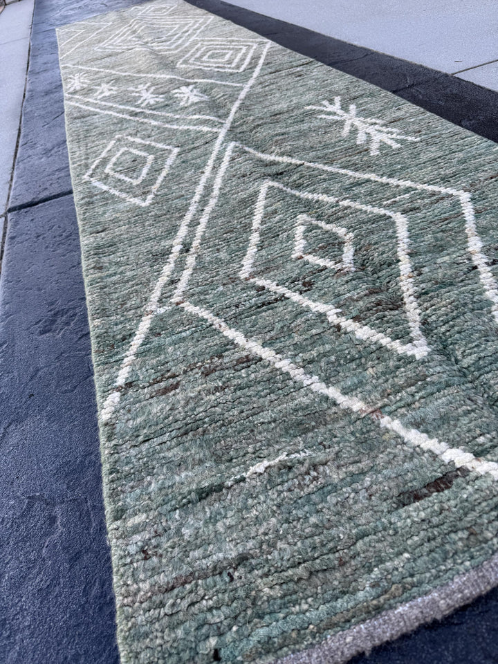 3x13 (91x396) Handmade Afghan Moroccan Rug Runner | Sage Green White Cream | Wool Minimalist Plush Shag Geometric Modern Contemporary