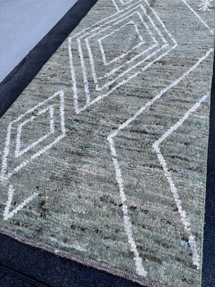 3x13 (91x396) Handmade Afghan Moroccan Rug Runner | Sage Green White Cream | Wool Minimalist Plush Shag Geometric Modern Contemporary
