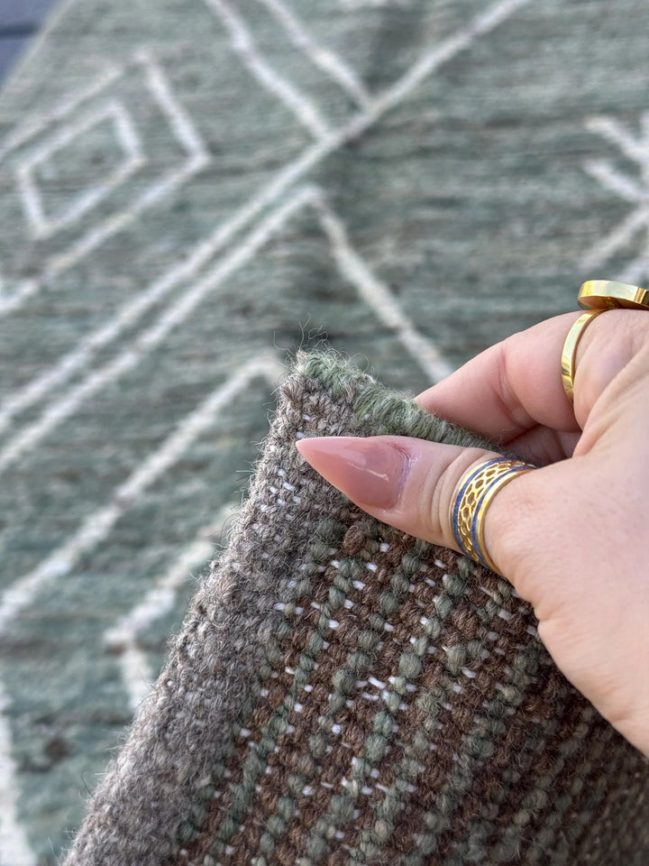 3x13 (91x396) Handmade Afghan Moroccan Rug Runner | Sage Green White Cream | Wool Minimalist Plush Shag Geometric Modern Contemporary