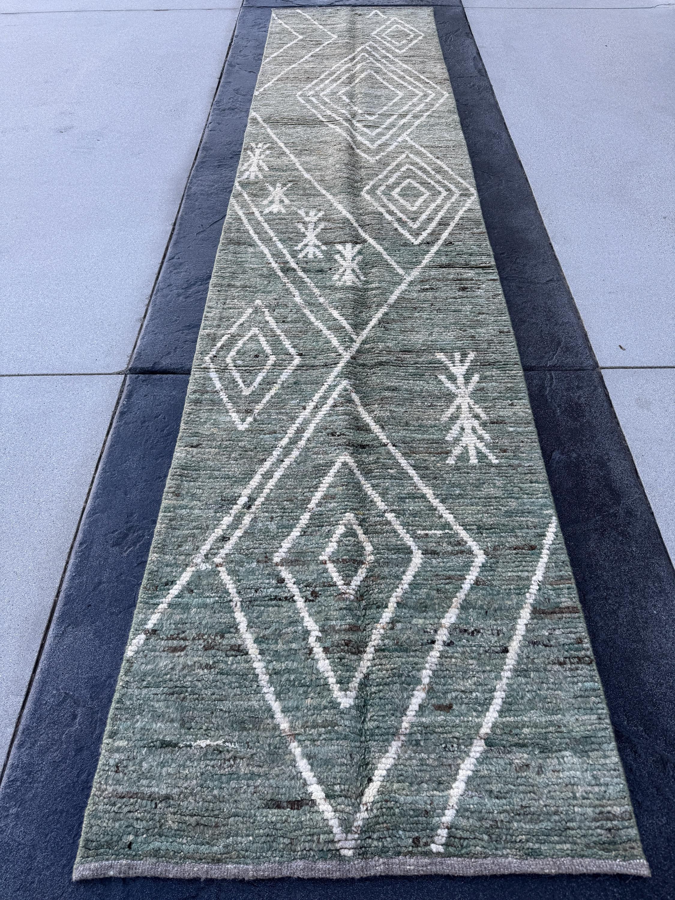 3x13 (91x396) Handmade Afghan Moroccan Rug Runner | Sage Green White Cream | Wool Minimalist Plush Shag Geometric Modern Contemporary