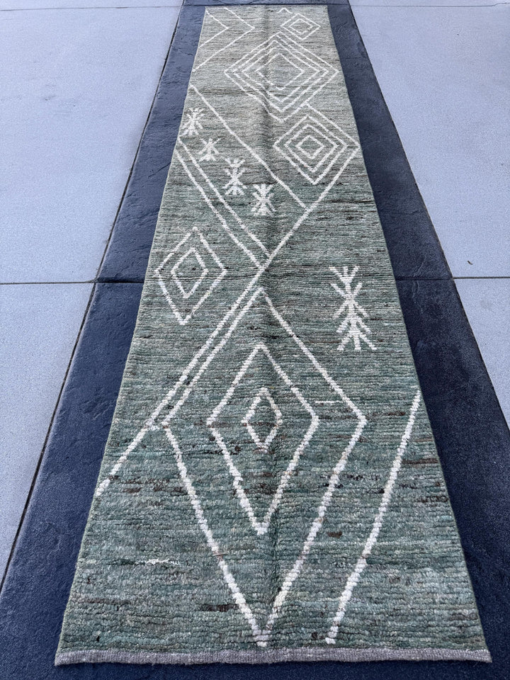 3x13 (91x396) Handmade Afghan Moroccan Rug Runner | Sage Green White Cream | Wool Minimalist Plush Shag Geometric Modern Contemporary
