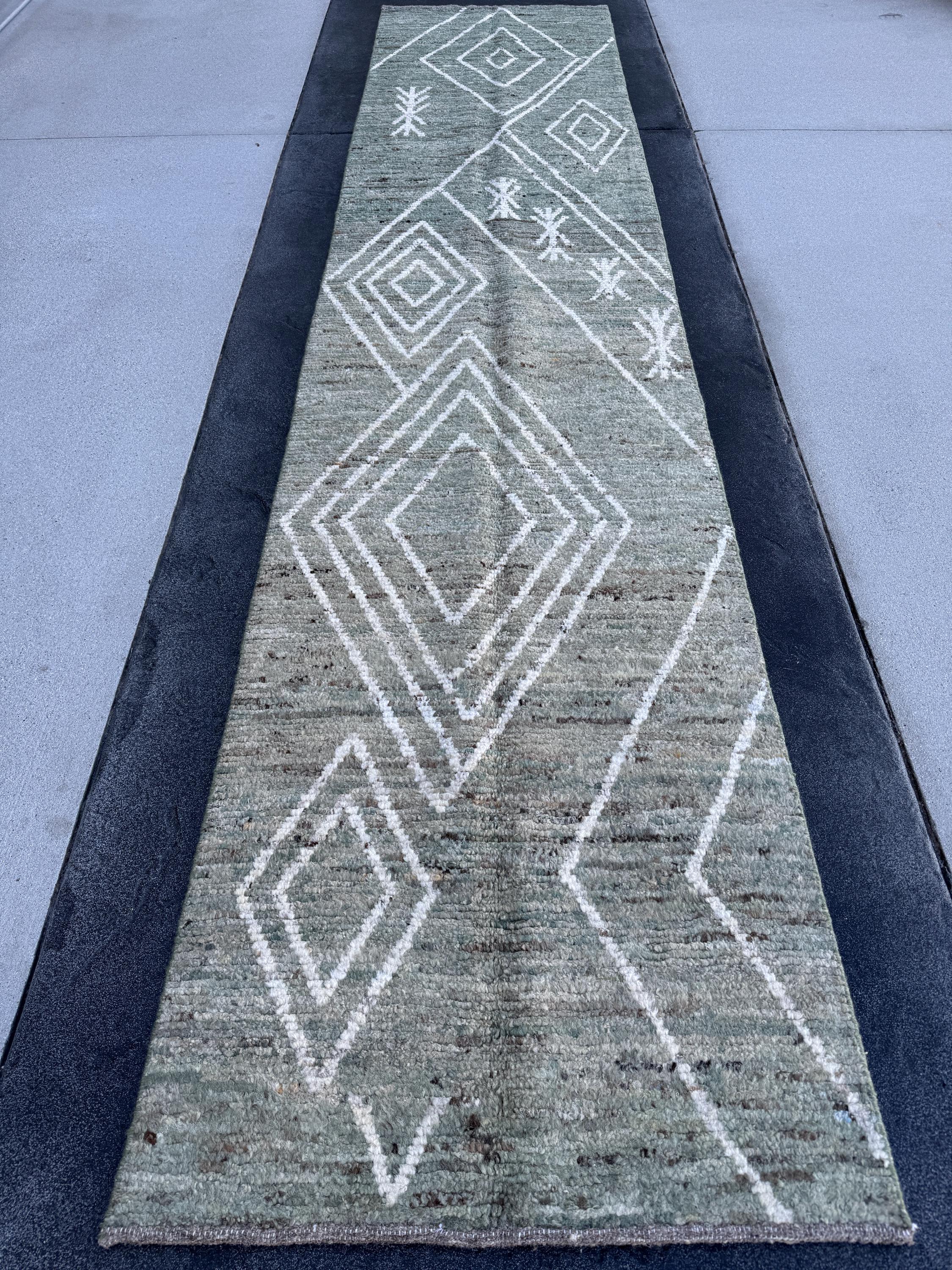 3x13 (91x396) Handmade Afghan Moroccan Rug Runner | Sage Green White Cream | Wool Minimalist Plush Shag Geometric Modern Contemporary