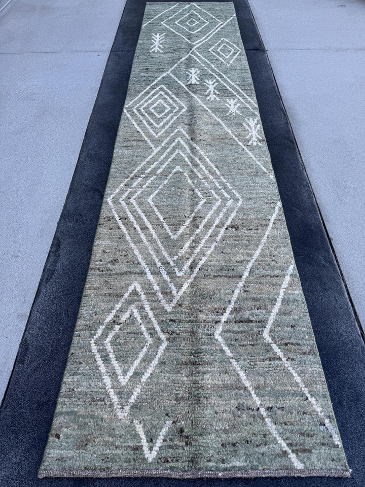 3x13 (91x396) Handmade Afghan Moroccan Rug Runner | Sage Green White Cream | Wool Minimalist Plush Shag Geometric Modern Contemporary