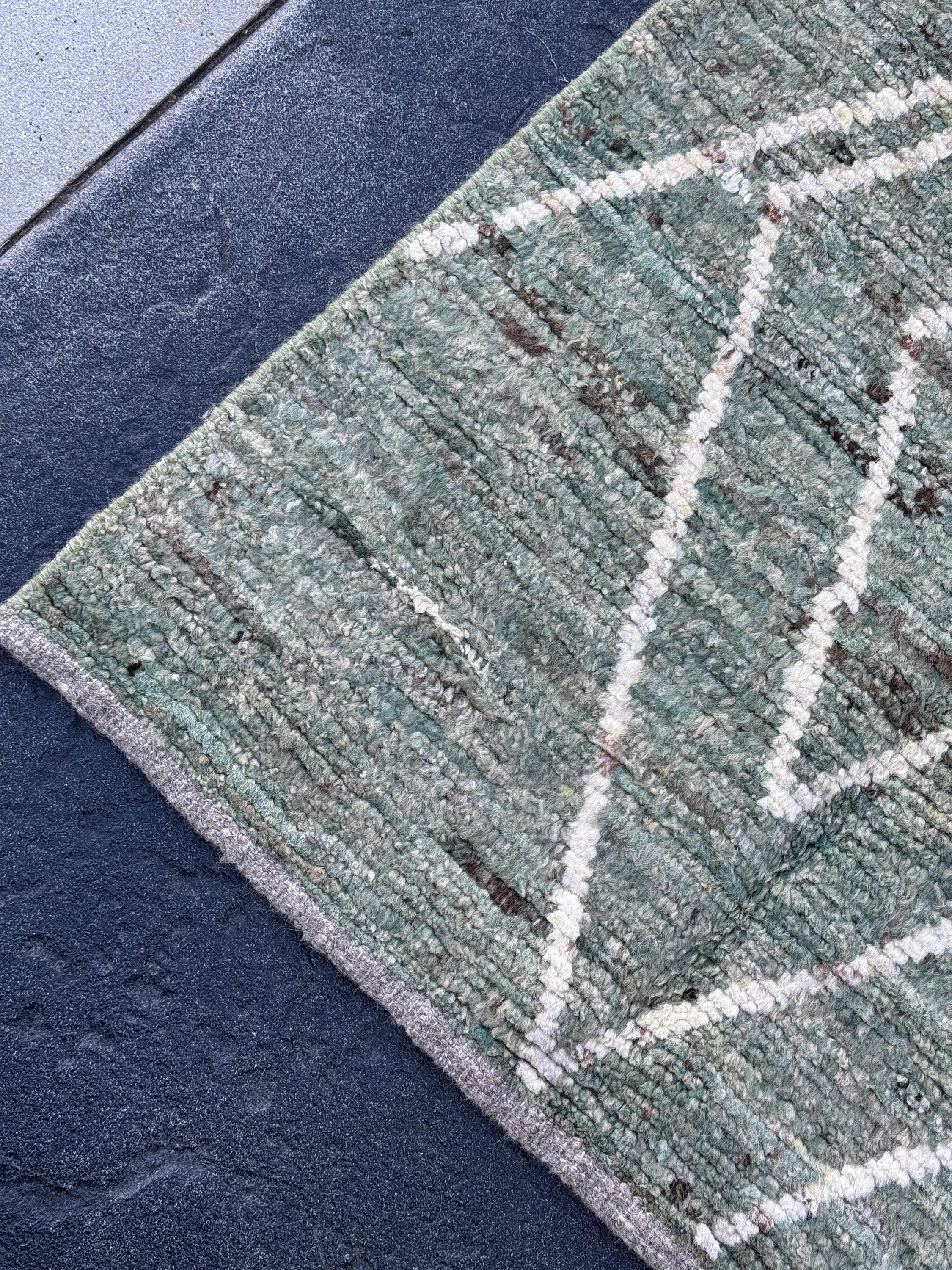 3x13 (91x396) Handmade Afghan Moroccan Rug Runner | Sage Green White Cream | Wool Minimalist Plush Shag Geometric Modern Contemporary
