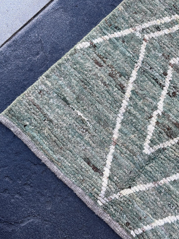 3x13 (91x396) Handmade Afghan Moroccan Rug Runner | Sage Green White Cream | Wool Minimalist Plush Shag Geometric Modern Contemporary