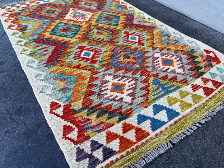 3x4 (91x121) Handmade Afghan Kilim Rug | Cream Olive Moss Forest Green Crimson Red Brunt Orange Denim Aqua Baby Powder Blue Purple Mustard