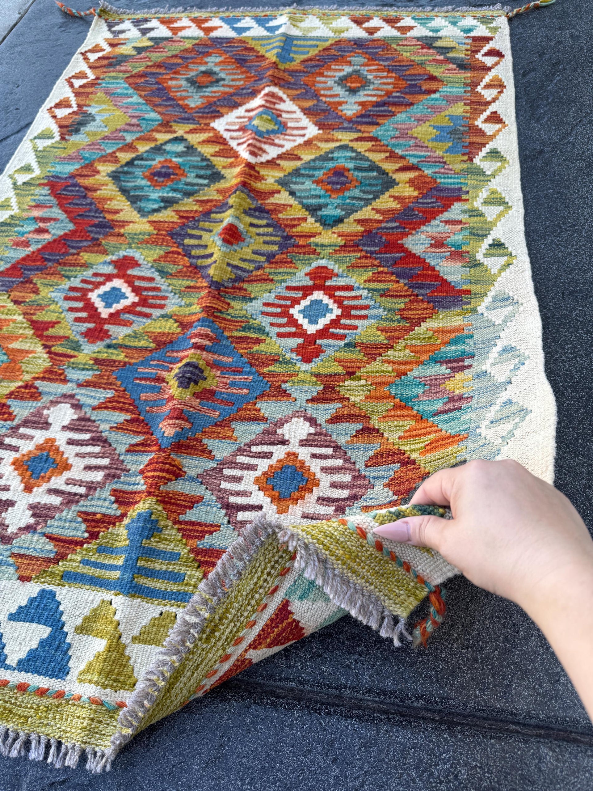 3x4 (91x121) Handmade Afghan Kilim Rug | Cream Olive Moss Forest Green Crimson Red Brunt Orange Denim Aqua Baby Powder Blue Purple Mustard