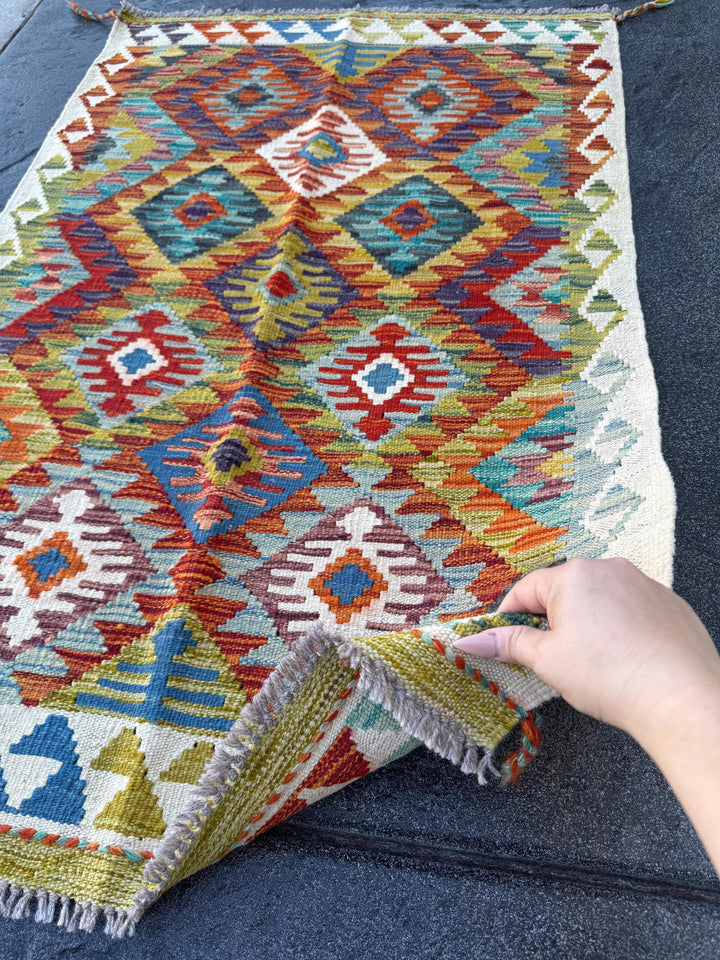3x4 (91x121) Handmade Afghan Kilim Rug | Cream Olive Moss Forest Green Crimson Red Brunt Orange Denim Aqua Baby Powder Blue Purple Mustard