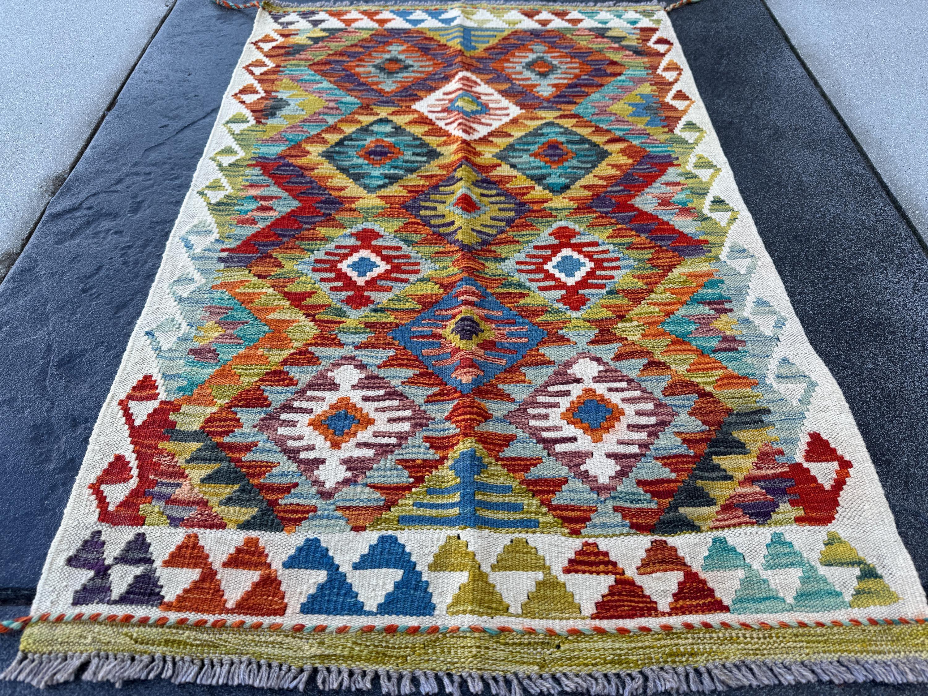 3x4 (91x121) Handmade Afghan Kilim Rug | Cream Olive Moss Forest Green Crimson Red Brunt Orange Denim Aqua Baby Powder Blue Purple Mustard