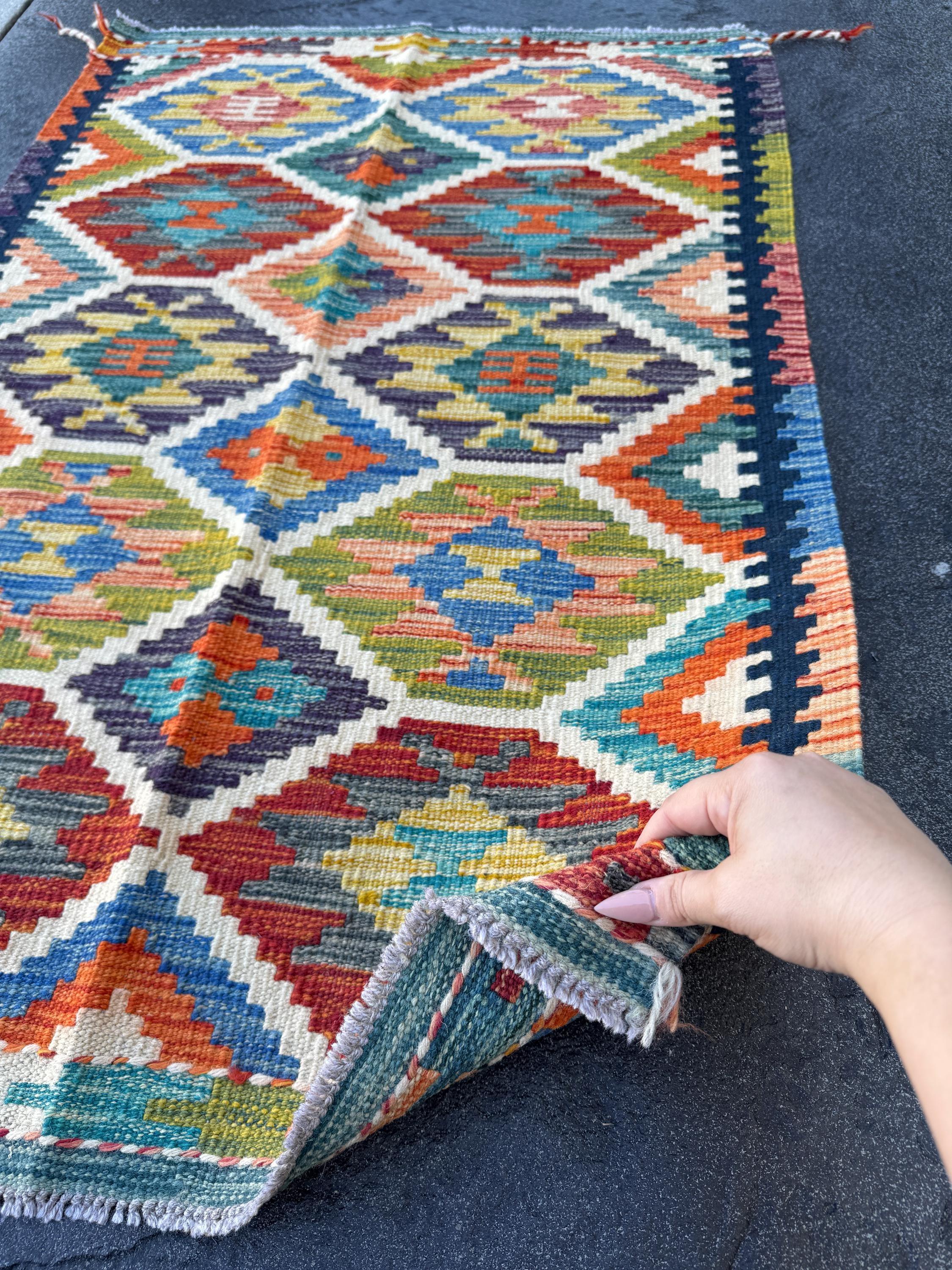 3x4 Handmade Afghan Kilim Rug | Cream Mustard Yellow Crimson Red Orange Peach Coral Purple Navy Midnight Aqua Teal Royal Blue Olive Green
