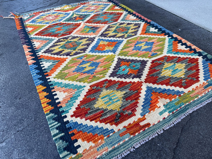 3x4 Handmade Afghan Kilim Rug | Cream Mustard Yellow Crimson Red Orange Peach Coral Purple Navy Midnight Aqua Teal Royal Blue Olive Green