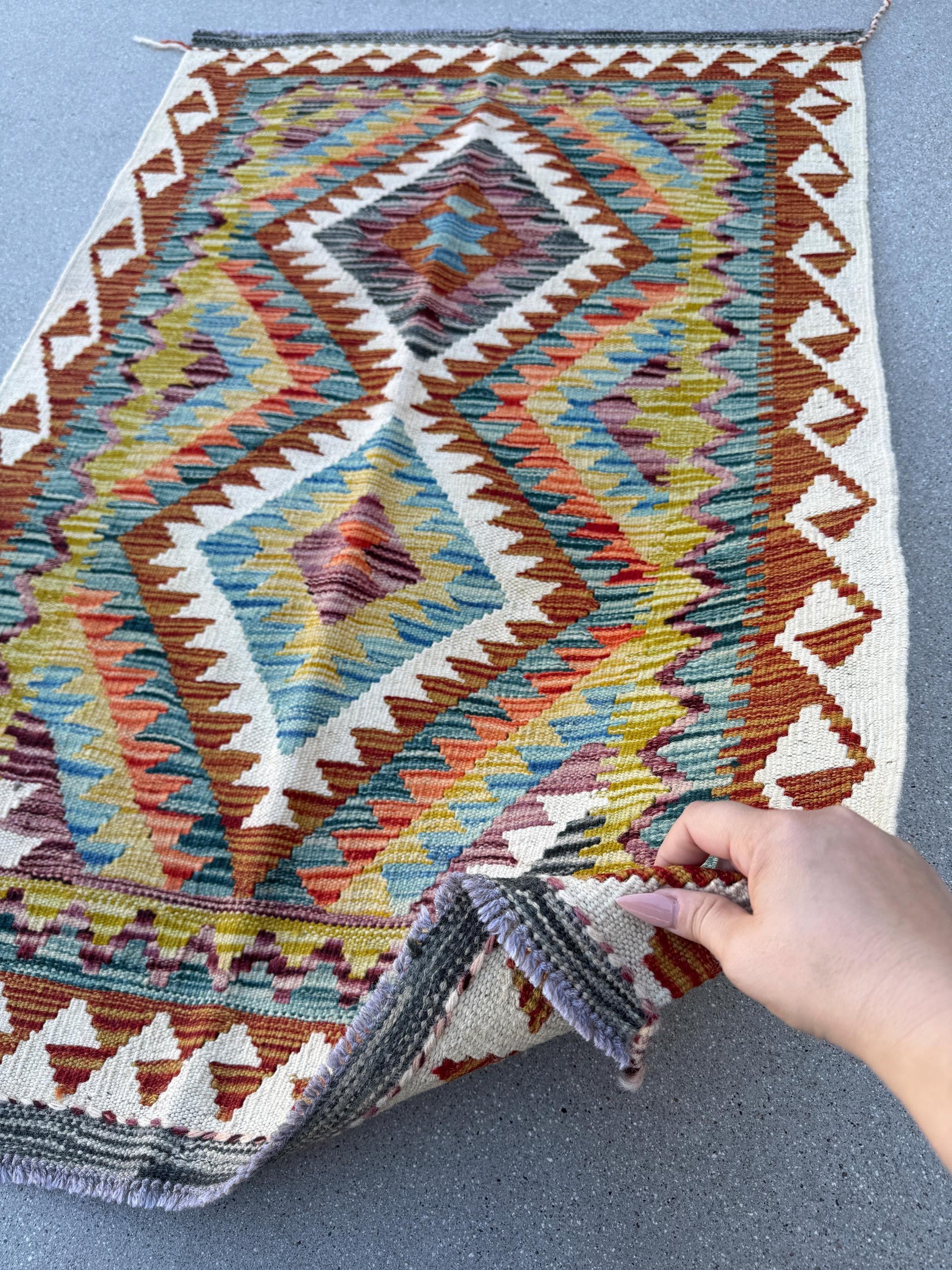 3x4 (91x121) Handmade Afghan Kilim Rug | Cream Teal Aqua Denim Blue Purple Burnt Orange Rust Olive Moss Green | Wool Flatweave Reversible