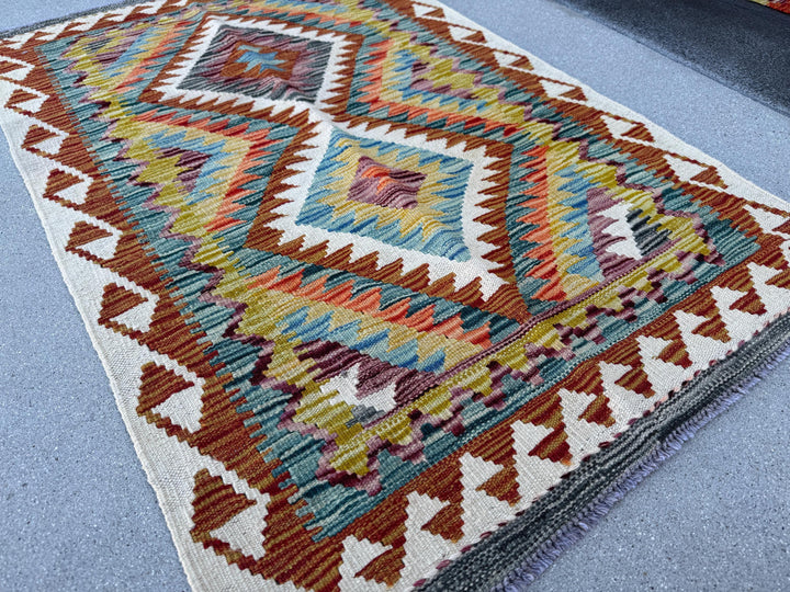 3x4 (91x121) Handmade Afghan Kilim Rug | Cream Teal Aqua Denim Blue Purple Burnt Orange Rust Olive Moss Green | Wool Flatweave Reversible