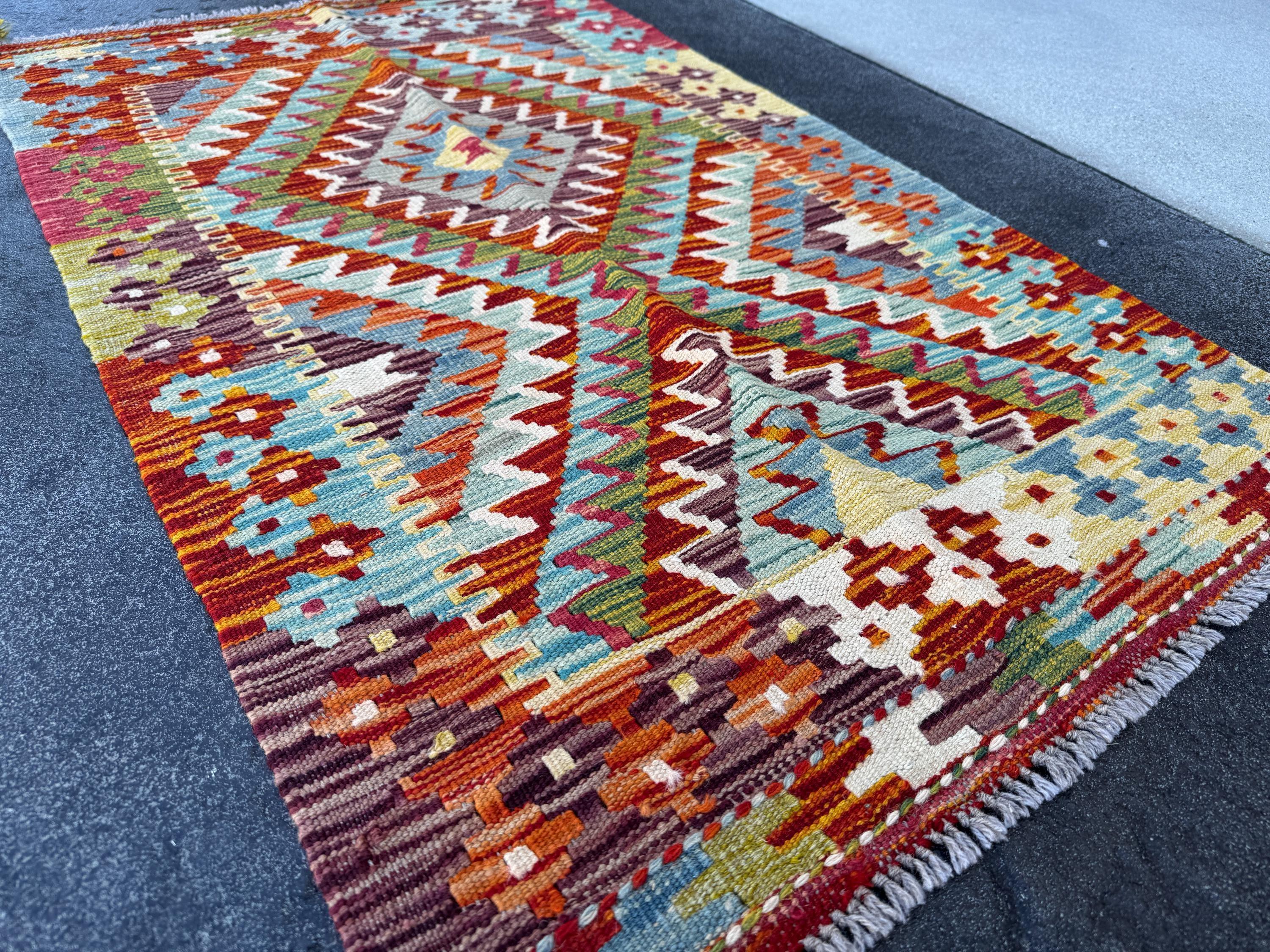 3x4 (91x121) Handmade Afghan Kilim Rug | Burnt Orange Forest Pine Green Rose Crimson Red White Cream Yellow Purple Denim Baby Blue | Wool