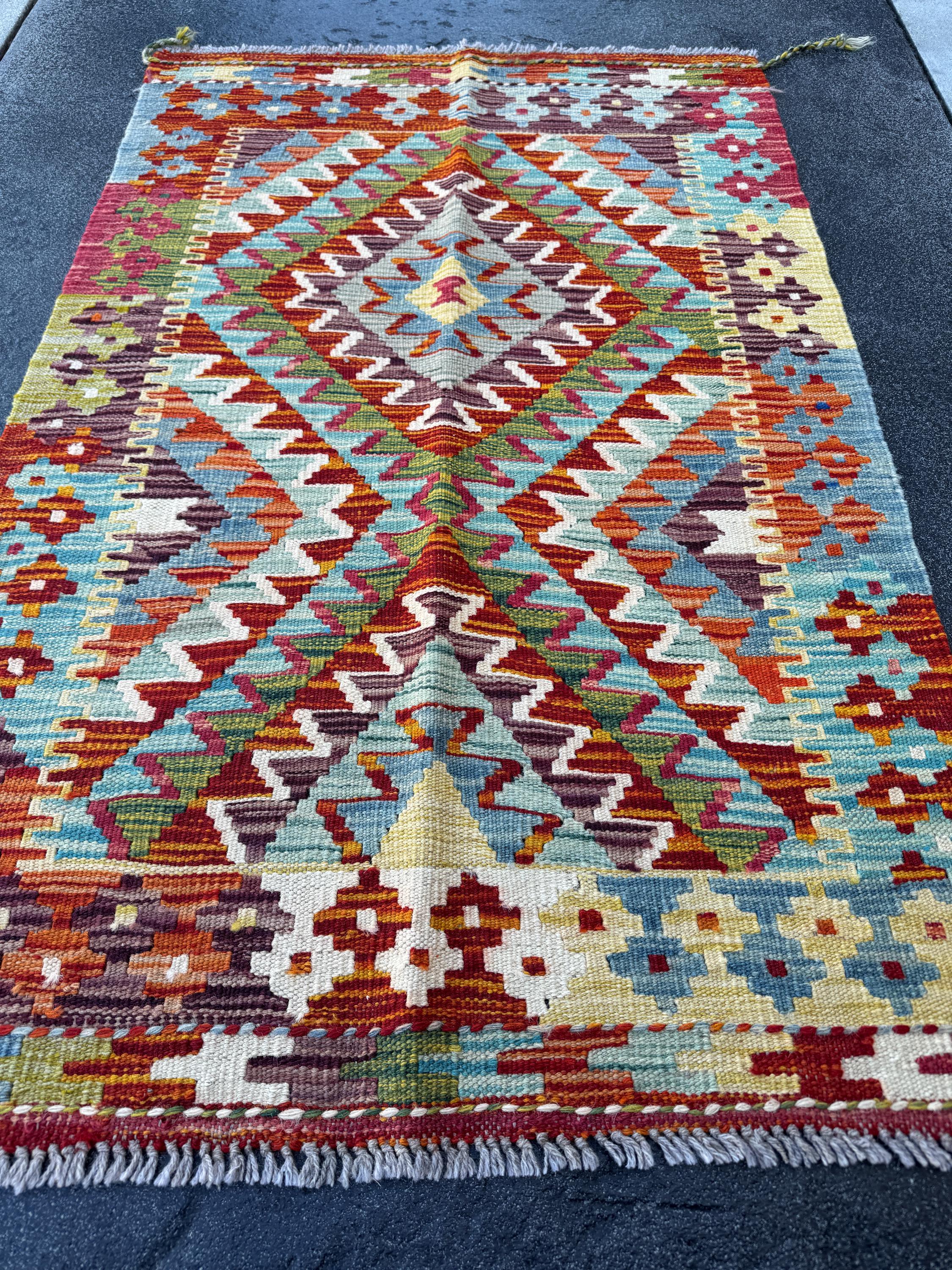 3x4 (91x121) Handmade Afghan Kilim Rug | Burnt Orange Forest Pine Green Rose Crimson Red White Cream Yellow Purple Denim Baby Blue | Wool