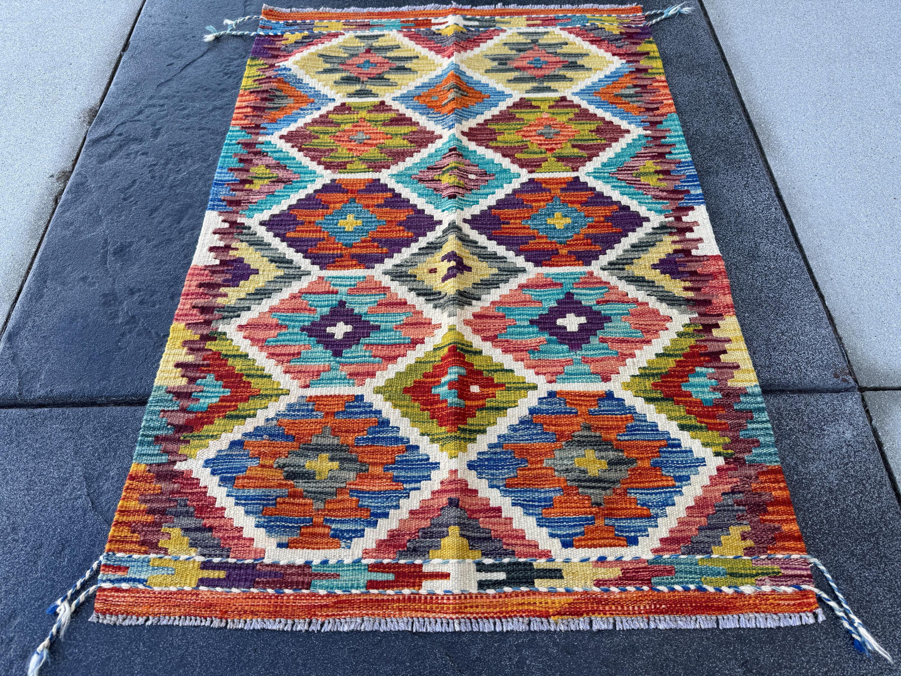 3x4 Handmade Afghan Kilim Rug | Burnt Orange Brick Auburn Red Moss Olive Green Mustard Yellow Denim Aqua Royal Blue Black Cream Purple