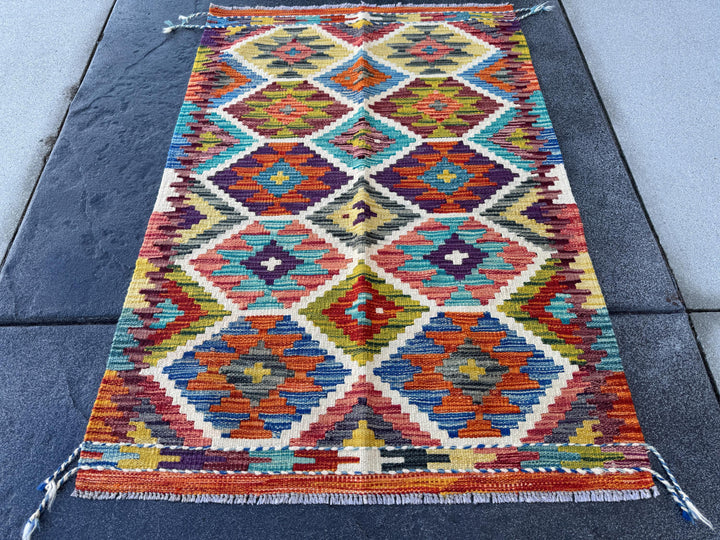 3x4 Handmade Afghan Kilim Rug | Burnt Orange Brick Auburn Red Moss Olive Green Mustard Yellow Denim Aqua Royal Blue Black Cream Purple