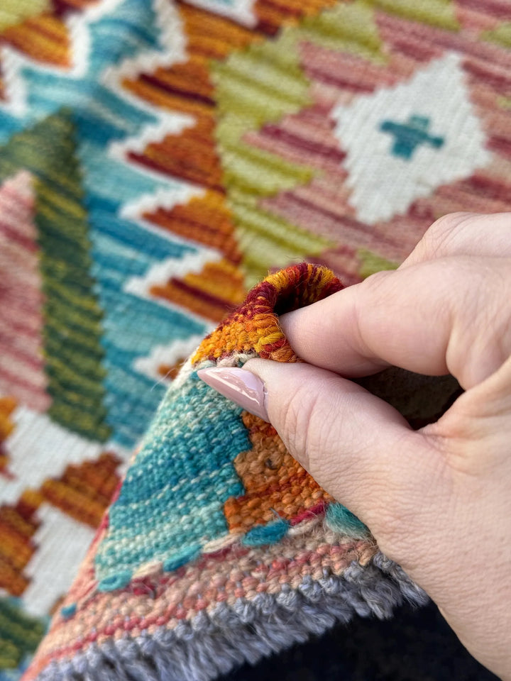 3x4 (91x121) Handmade Afghan Kilim Rug | Burnt Orange Cream White Teal Aqua Blue Forest Emerald Olive Green Brick Red Grey | Wool Flatweave