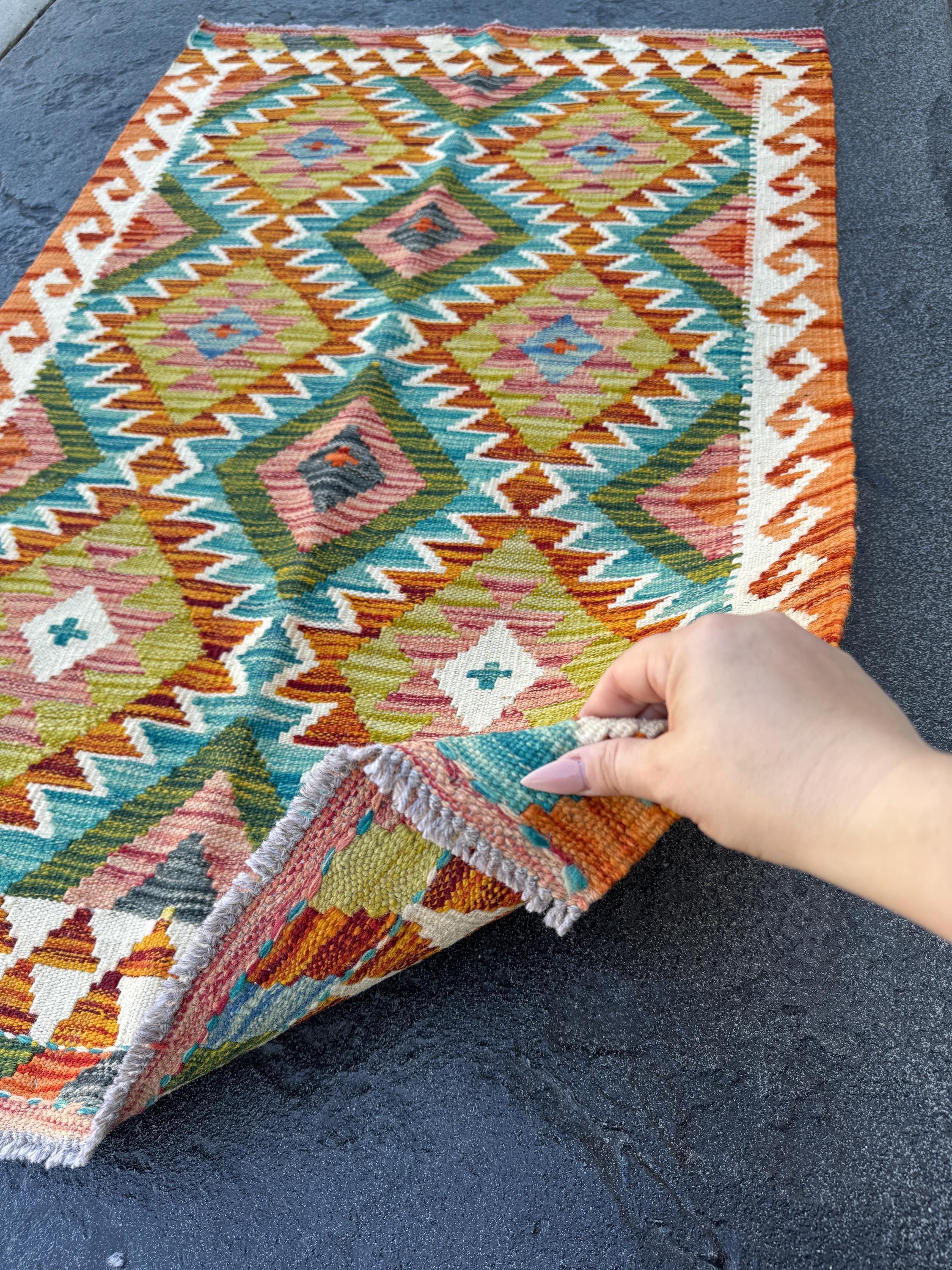 3x4 (91x121) Handmade Afghan Kilim Rug | Burnt Orange Cream White Teal Aqua Blue Forest Emerald Olive Green Brick Red Grey | Wool Flatweave